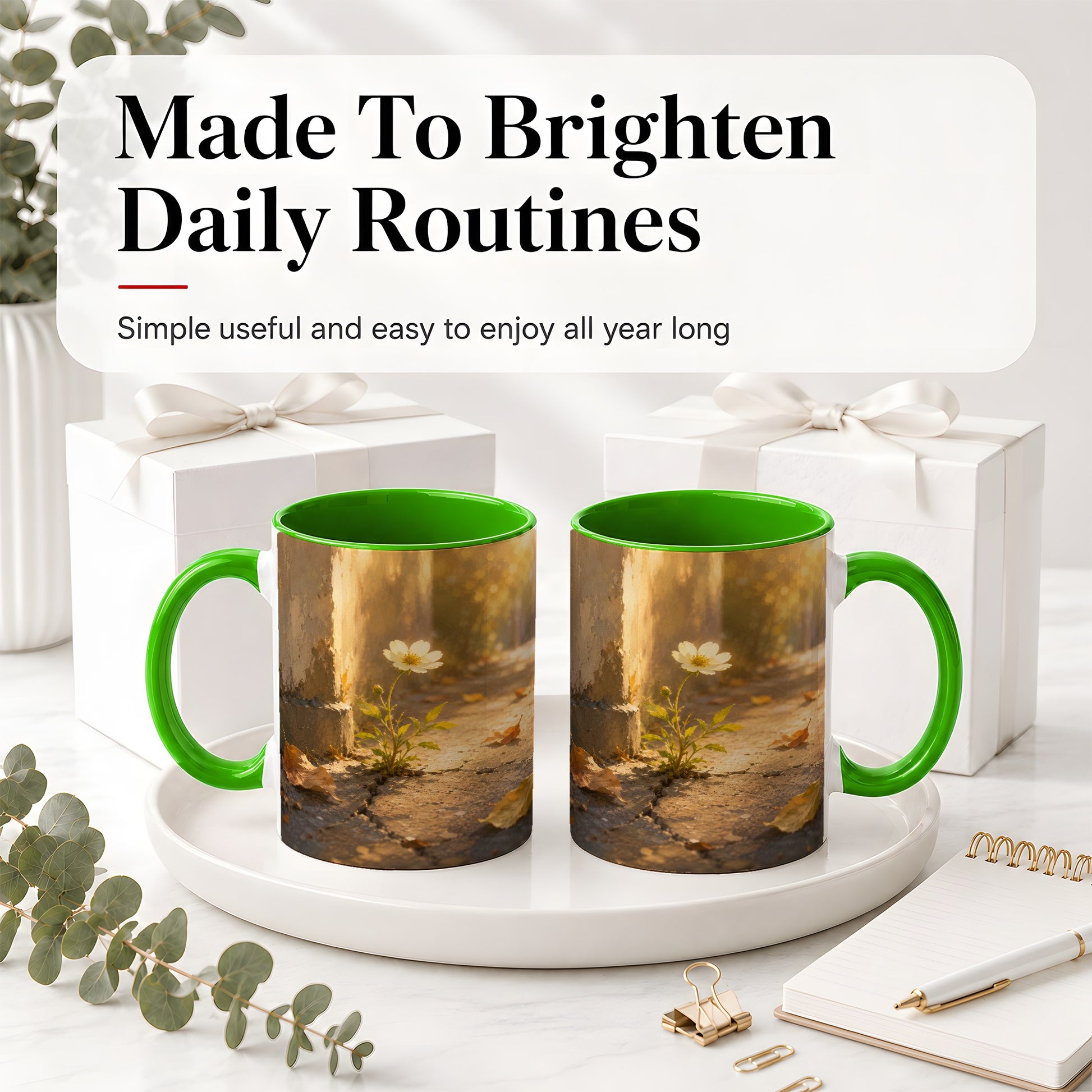 #pl[11oz|Green] Resilient White Flower Ceramic Mug, Hopeful Nature Art