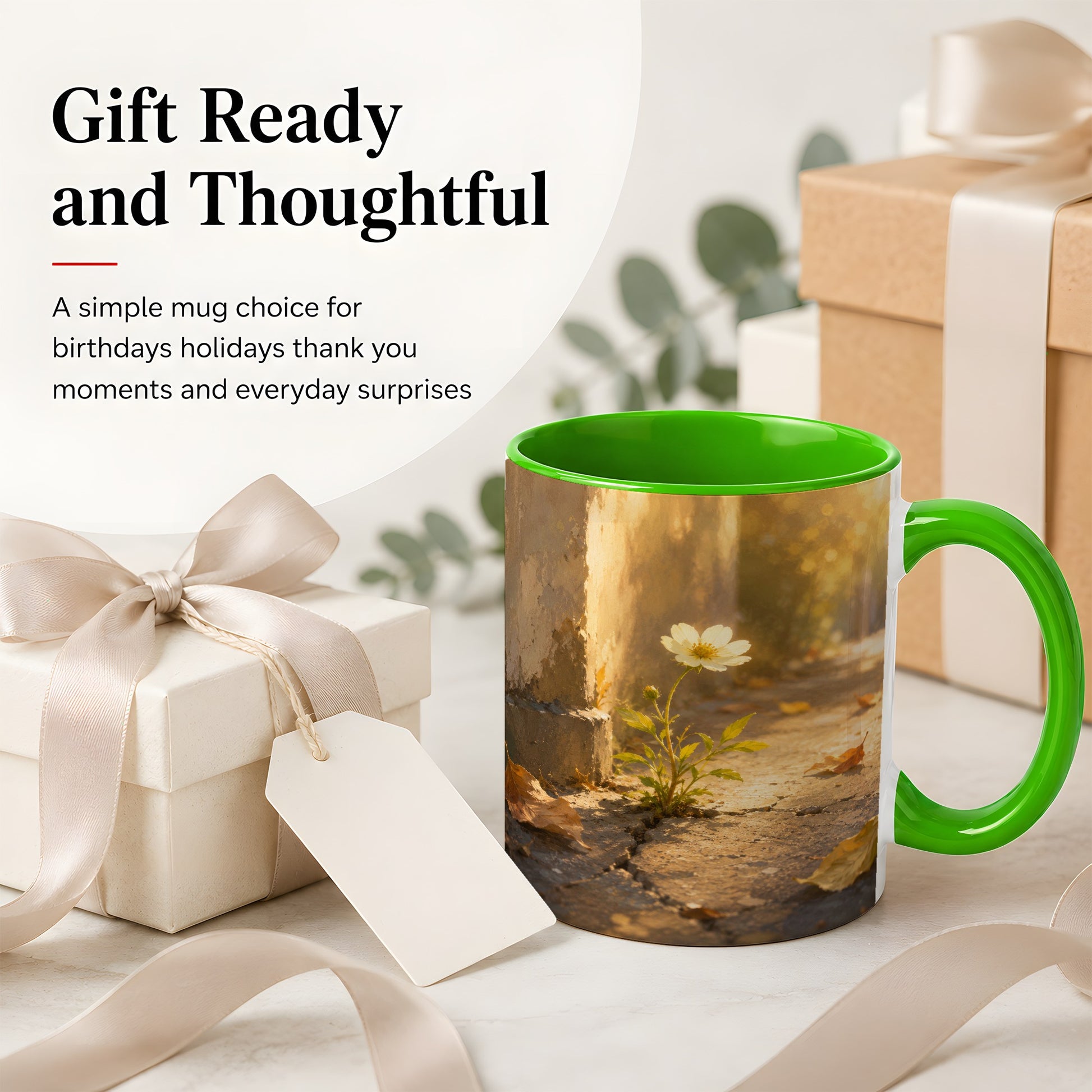 #pl[11oz|Green] Resilient White Flower Ceramic Mug, Hopeful Nature Art