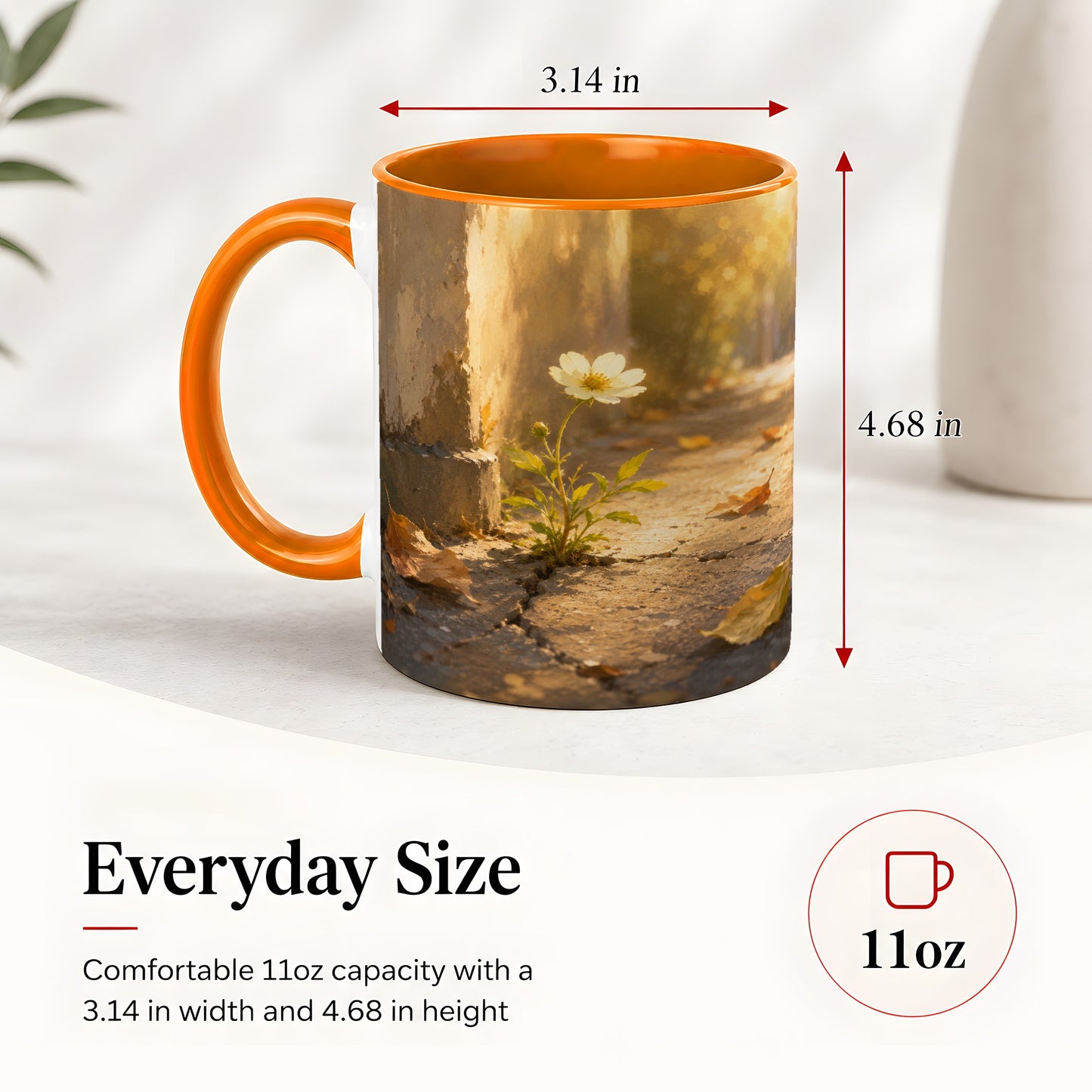 #pl[11oz|Orange] Resilient White Flower Ceramic Mug, Hopeful Nature Art