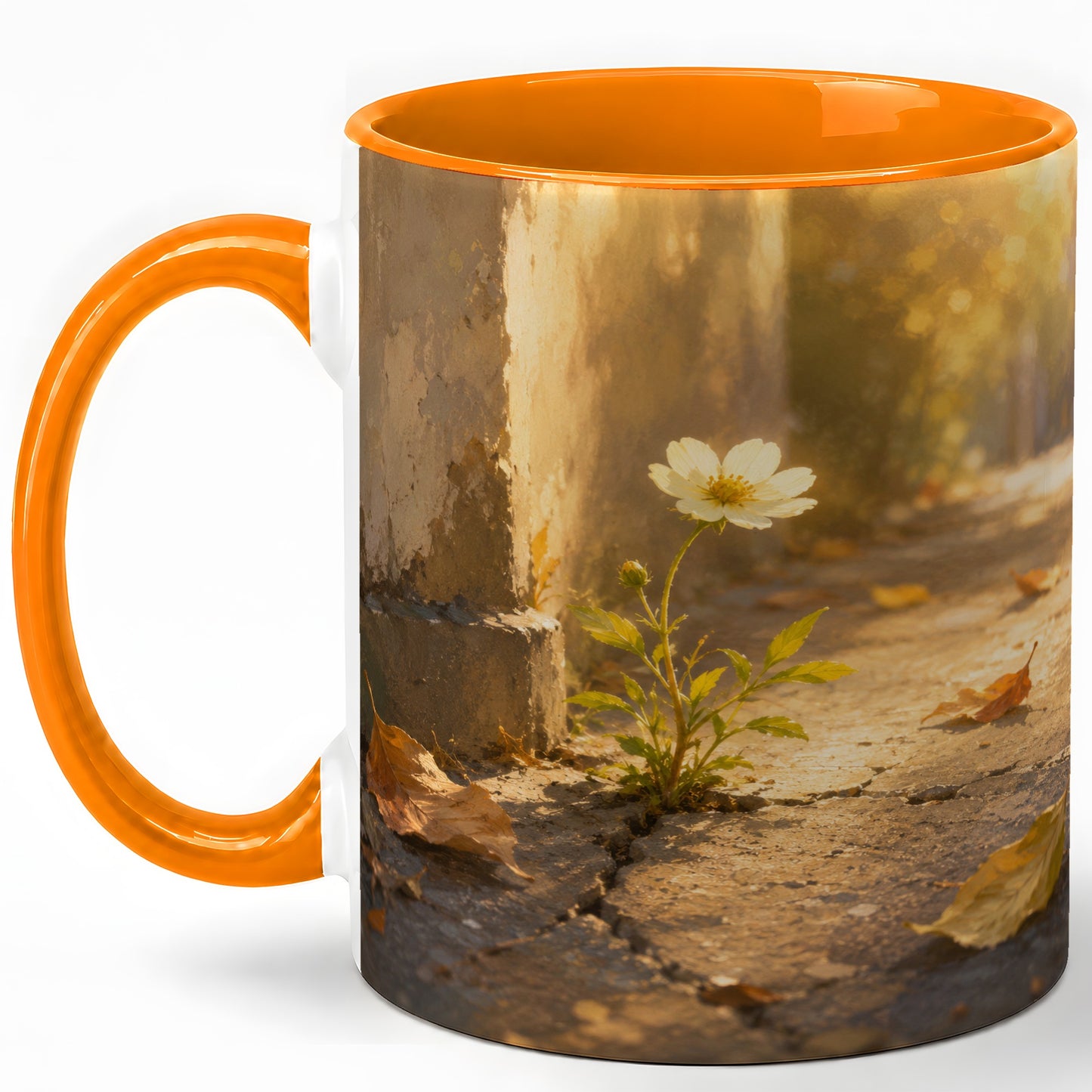 #pl[11oz|Orange] Resilient White Flower Ceramic Mug, Hopeful Nature Art