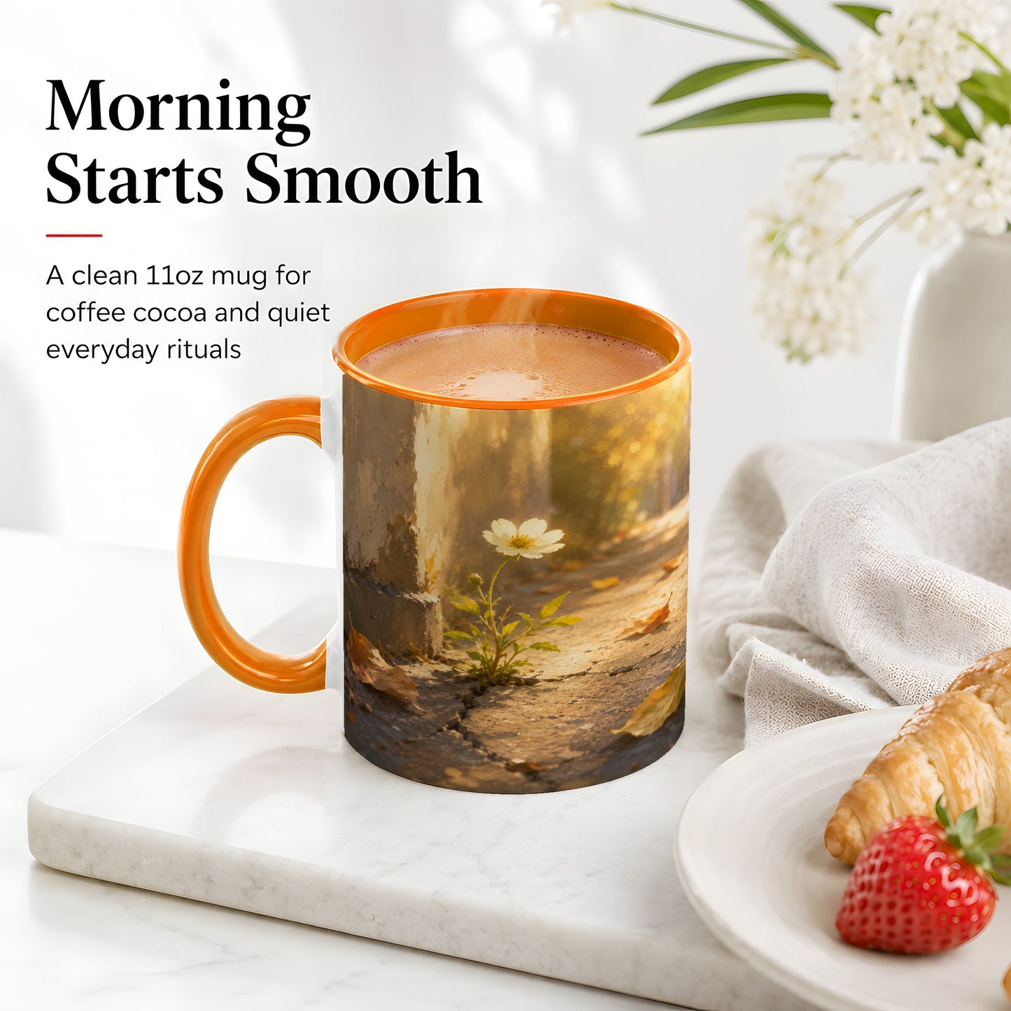 #pl[11oz|Orange] Resilient White Flower Ceramic Mug, Hopeful Nature Art
