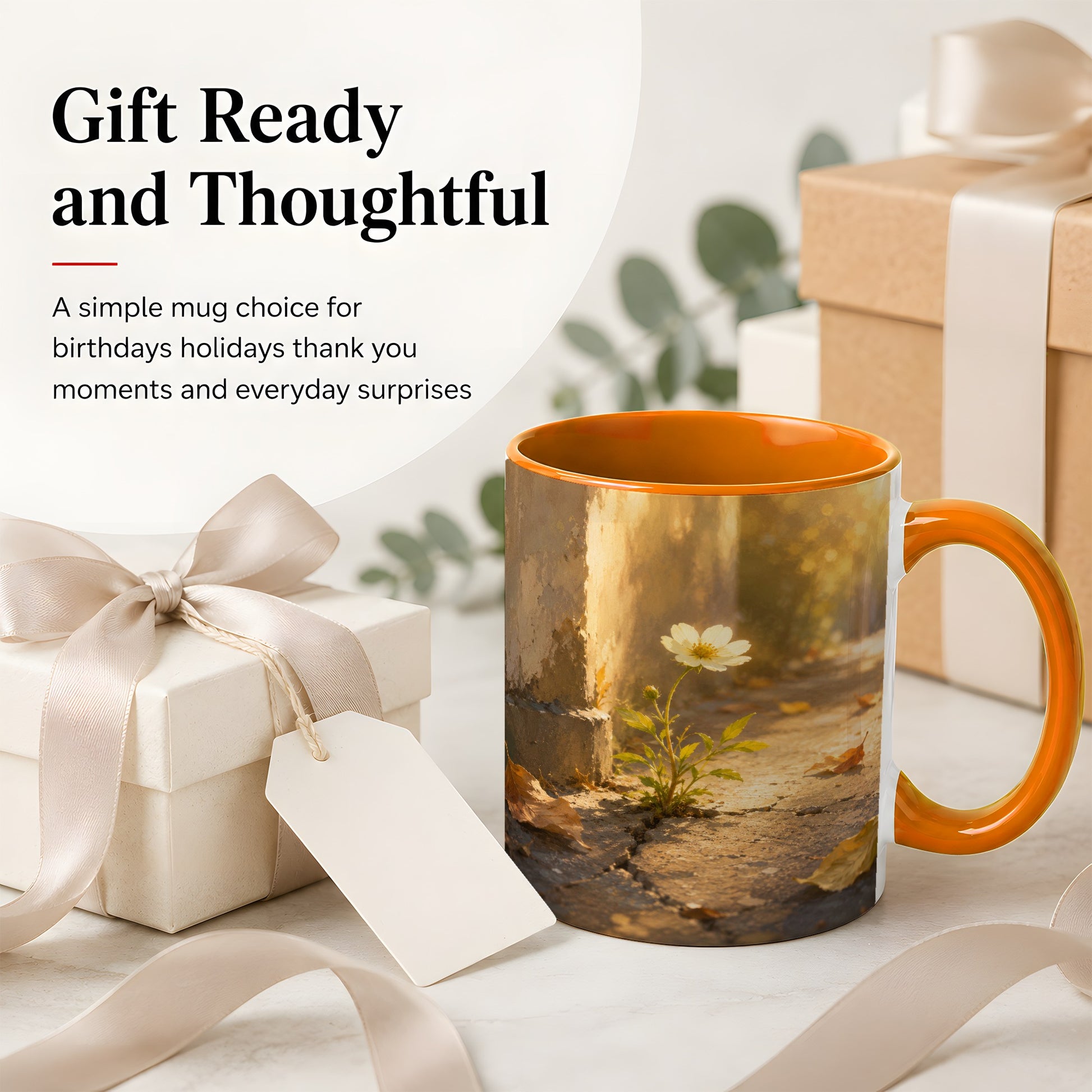 #pl[11oz|Orange] Resilient White Flower Ceramic Mug, Hopeful Nature Art