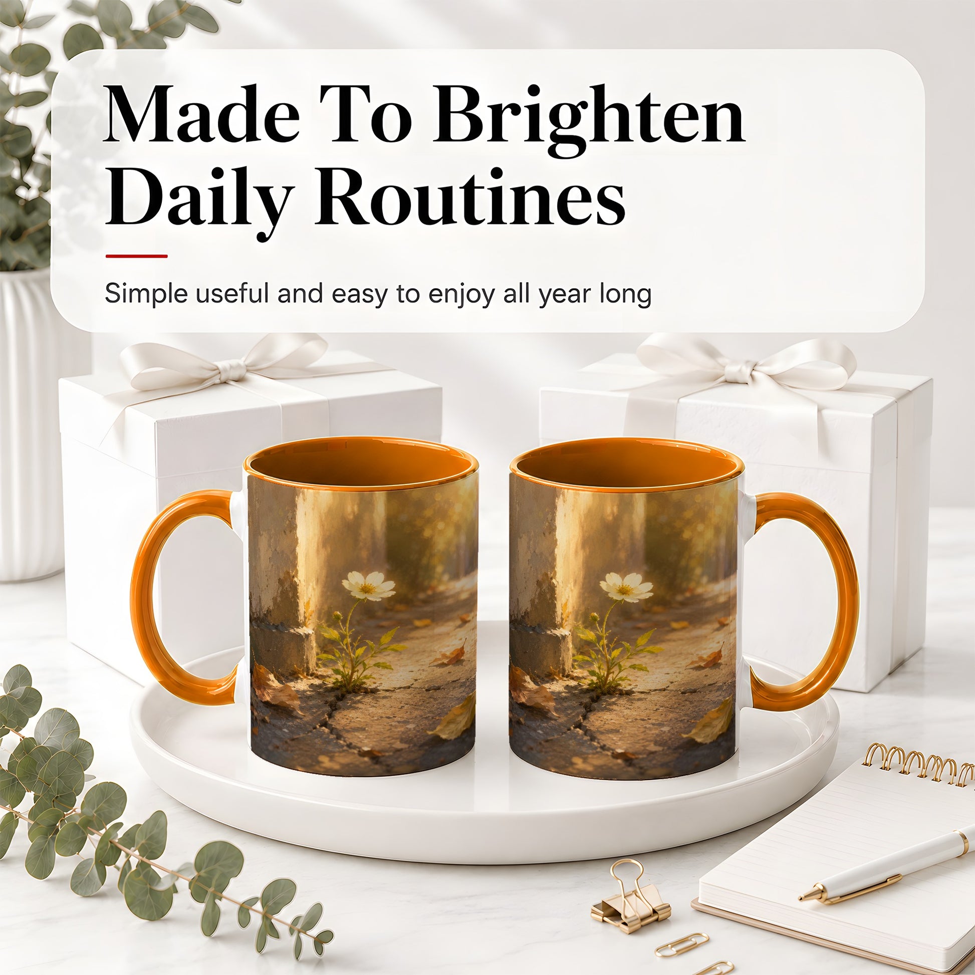 #pl[11oz|Orange] Resilient White Flower Ceramic Mug, Hopeful Nature Art