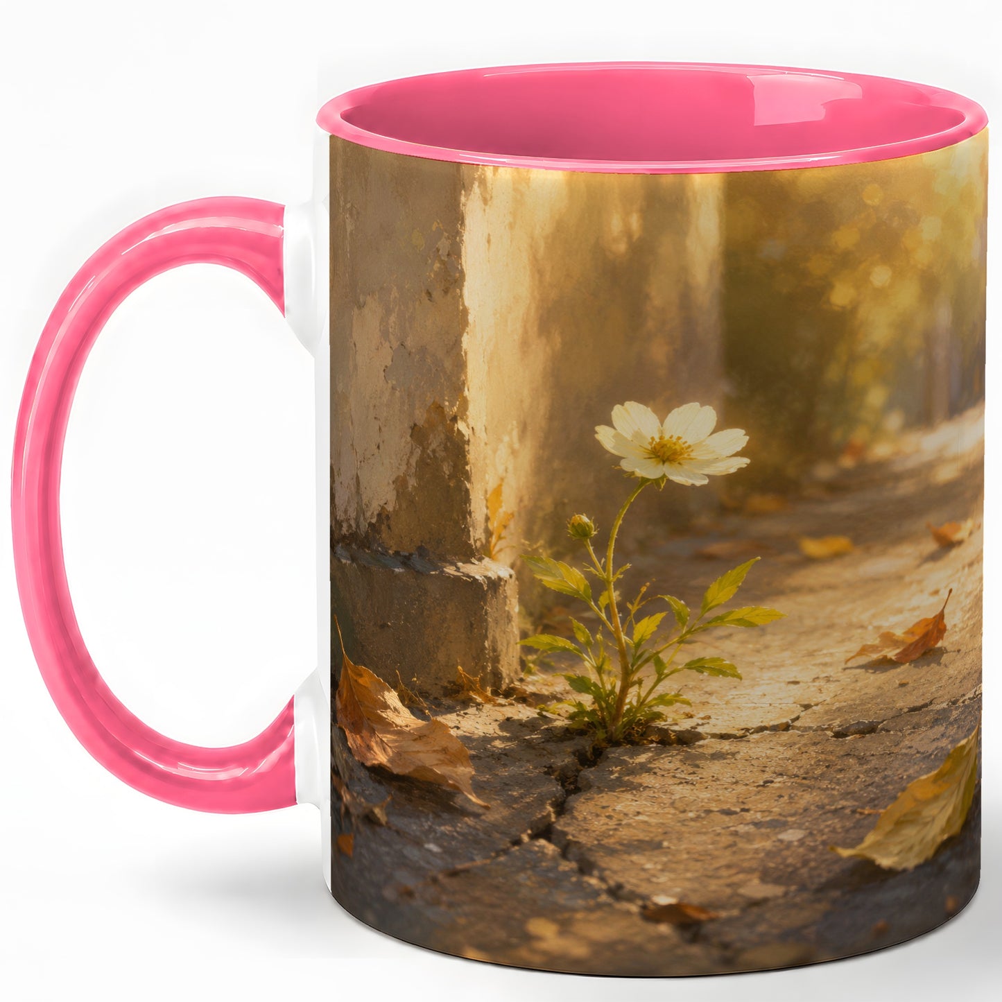 #pl[11oz|Pink] Resilient White Flower Ceramic Mug, Hopeful Nature Art