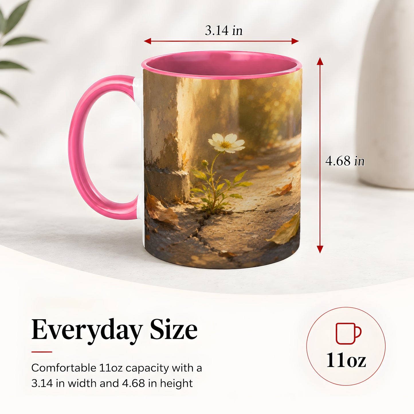#pl[11oz|Pink] Resilient White Flower Ceramic Mug, Hopeful Nature Art