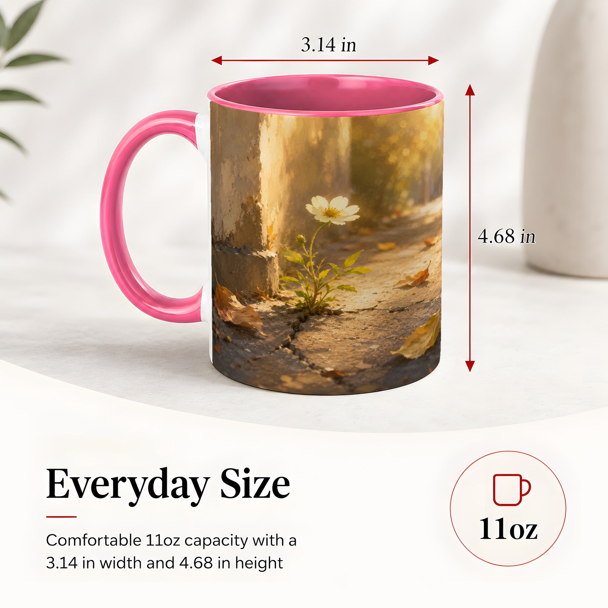 #pl[11oz|Pink] Resilient White Flower Ceramic Mug, Hopeful Nature Art