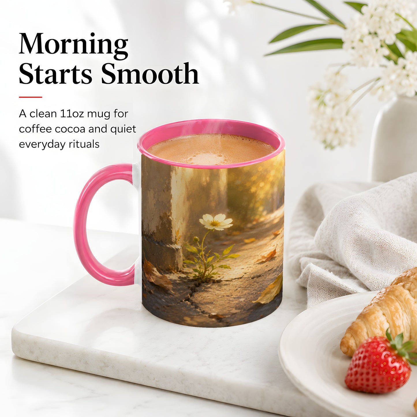 #pl[11oz|Pink] Resilient White Flower Ceramic Mug, Hopeful Nature Art