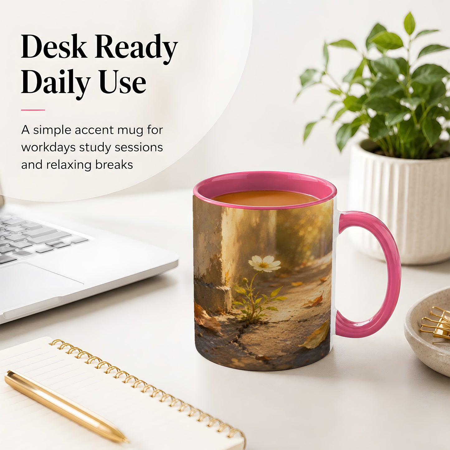 #pl[11oz|Pink] Resilient White Flower Ceramic Mug, Hopeful Nature Art