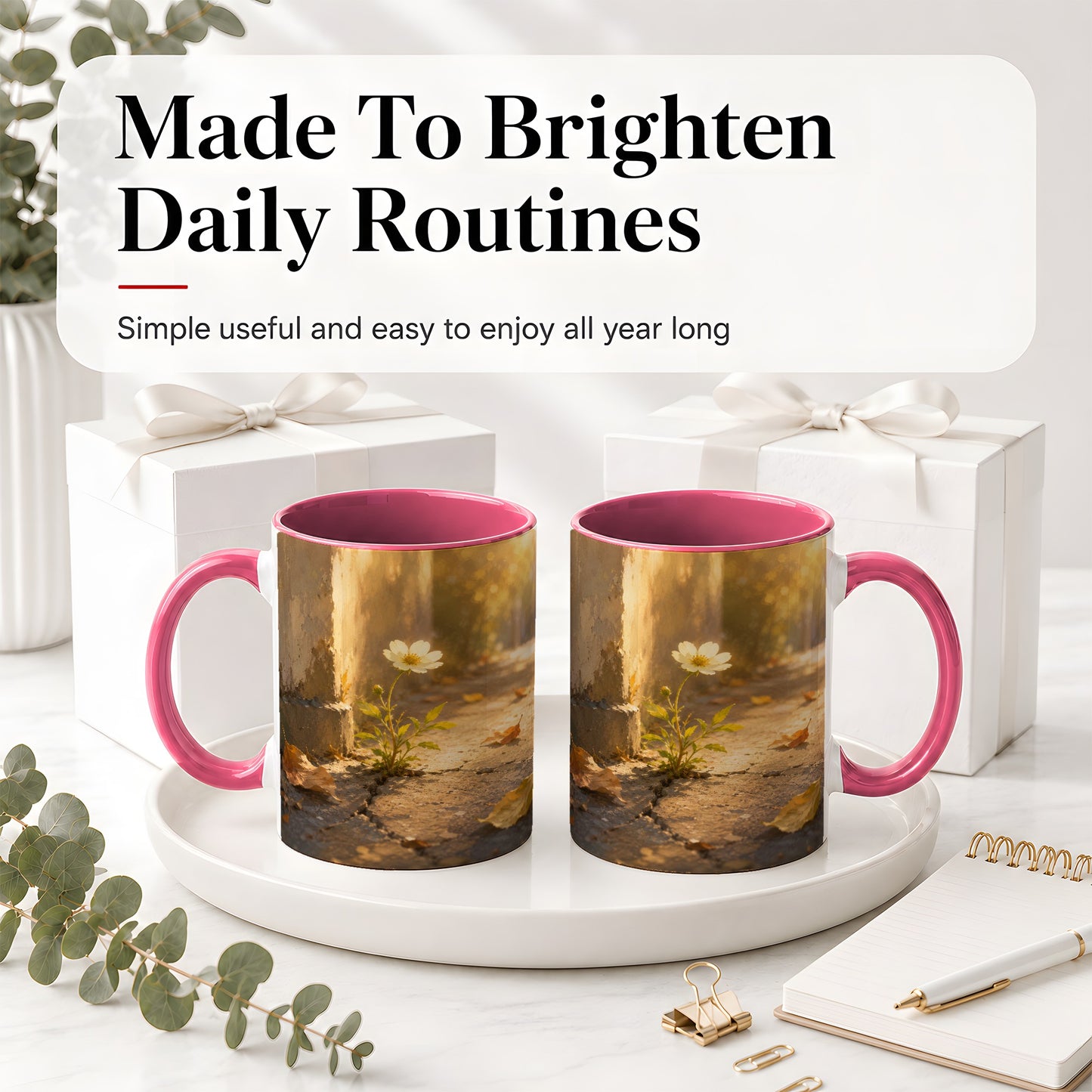 #pl[11oz|Pink] Resilient White Flower Ceramic Mug, Hopeful Nature Art