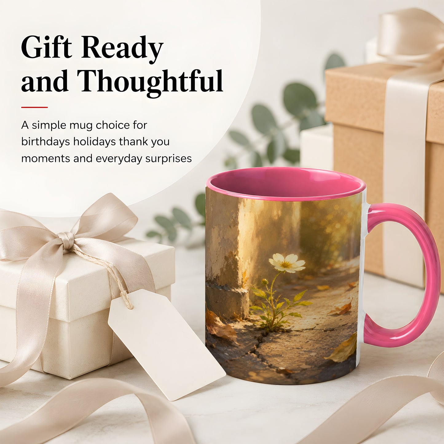 #pl[11oz|Pink] Resilient White Flower Ceramic Mug, Hopeful Nature Art