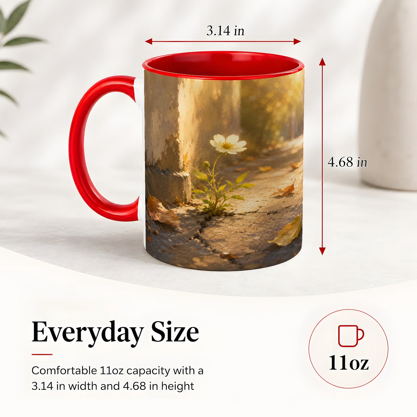 #pl[11oz|Red] Resilient White Flower Ceramic Mug, Hopeful Nature Art