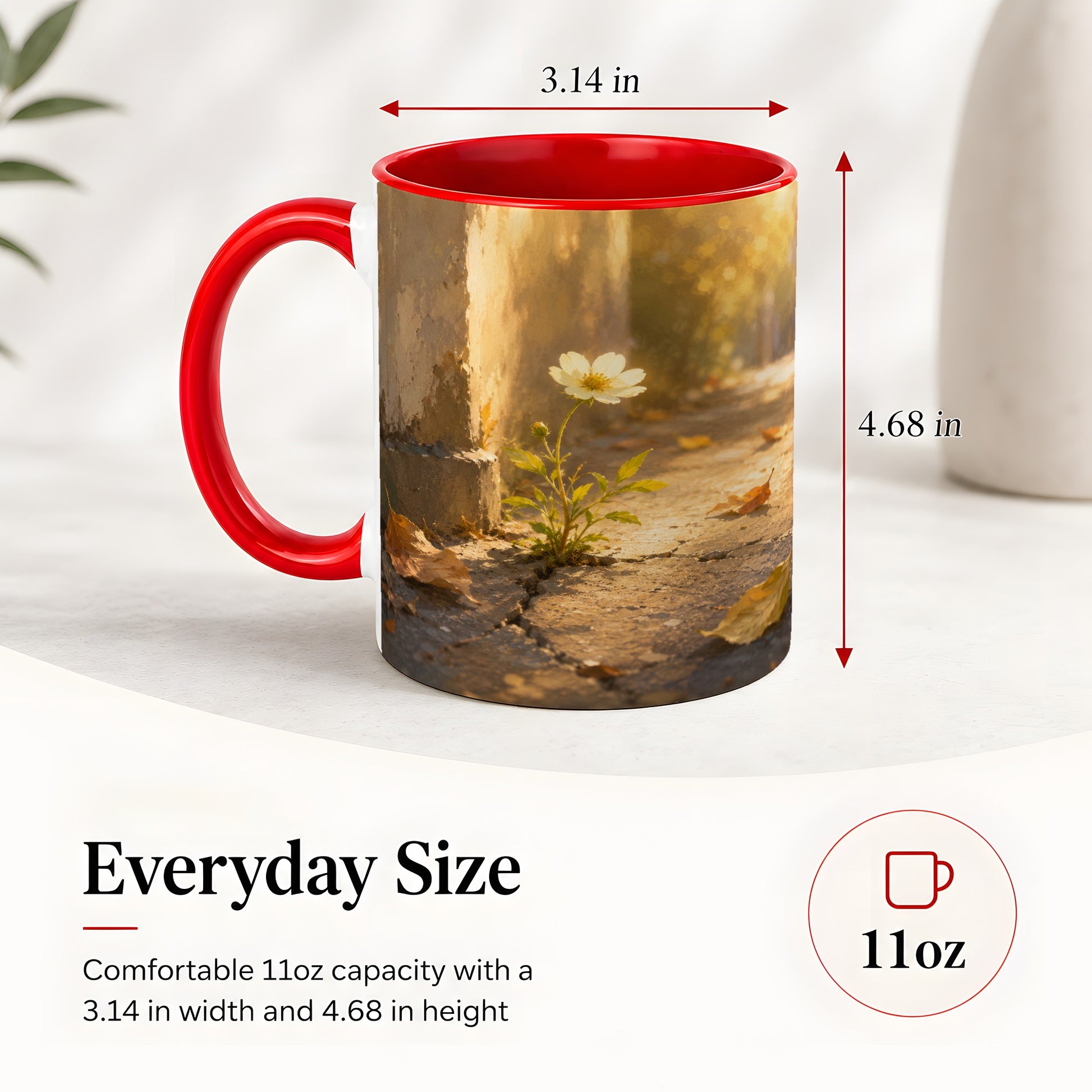 #pl[11oz|Red] Resilient White Flower Ceramic Mug, Hopeful Nature Art