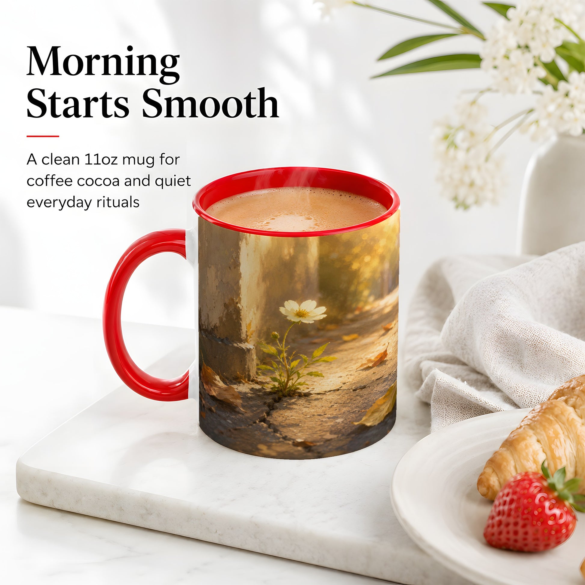 #pl[11oz|Red] Resilient White Flower Ceramic Mug, Hopeful Nature Art