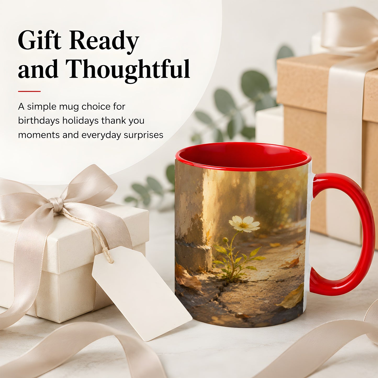 #pl[11oz|Red] Resilient White Flower Ceramic Mug, Hopeful Nature Art