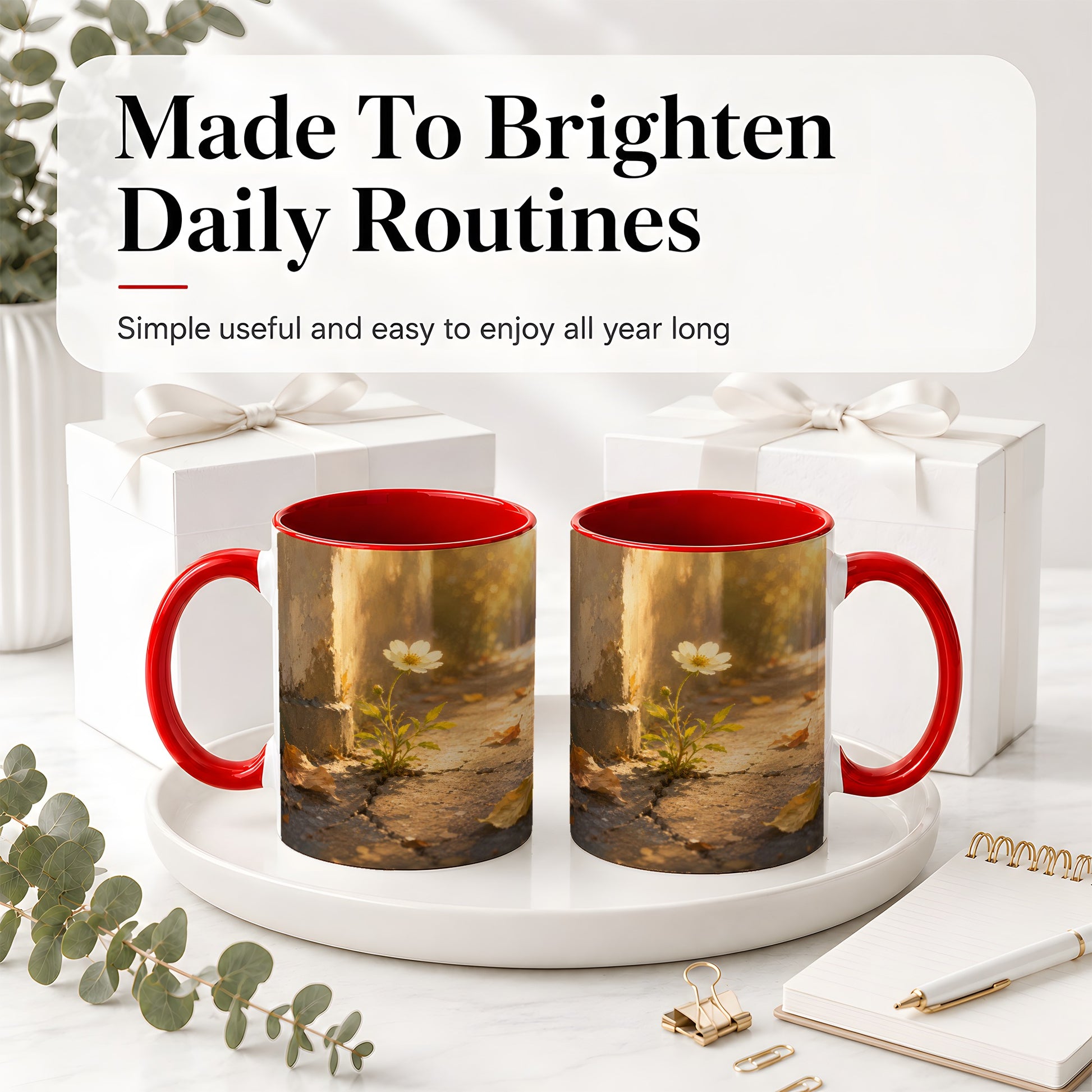 #pl[11oz|Red] Resilient White Flower Ceramic Mug, Hopeful Nature Art