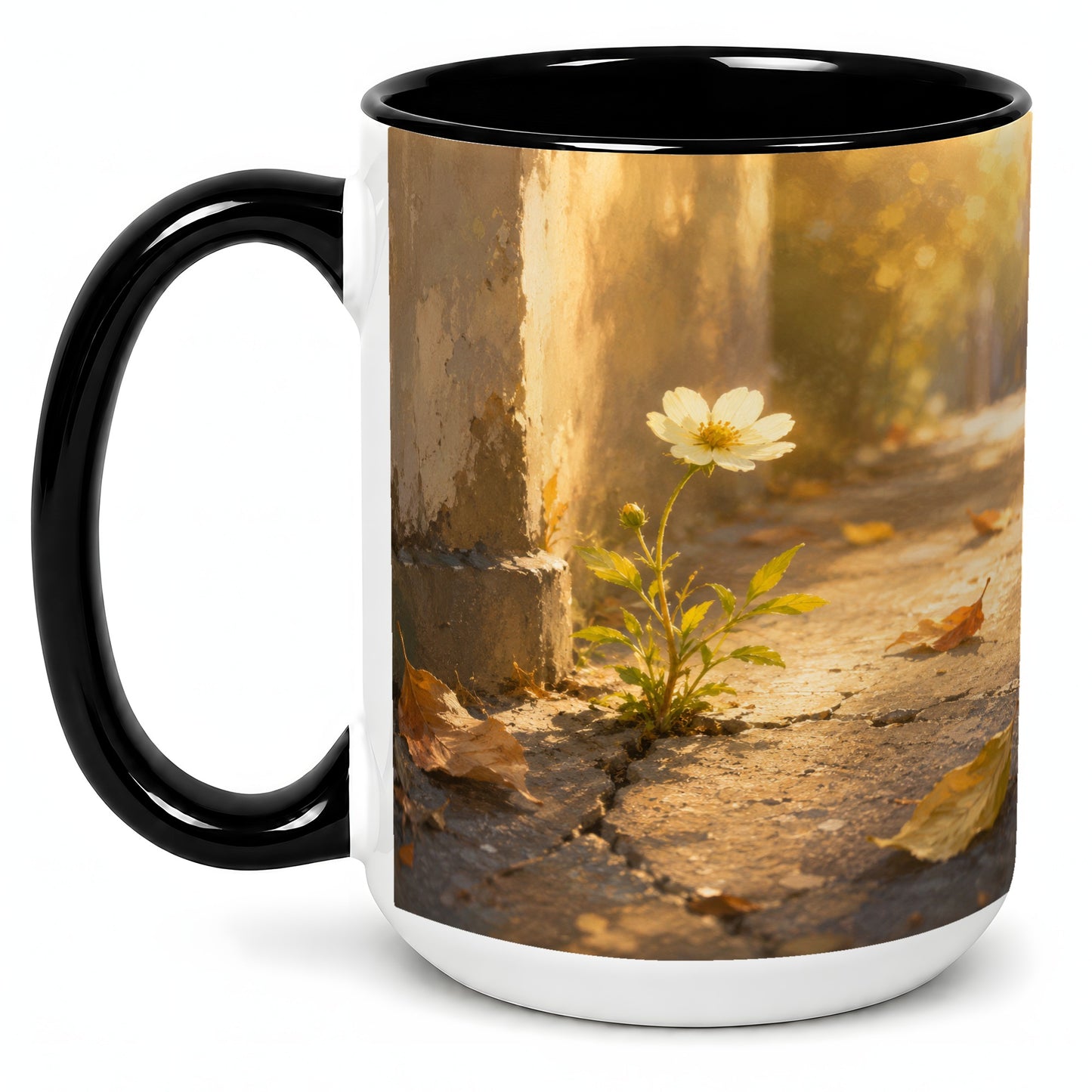 #pl[15oz|Black] Resilient White Flower Ceramic Mug, Hopeful Nature Art