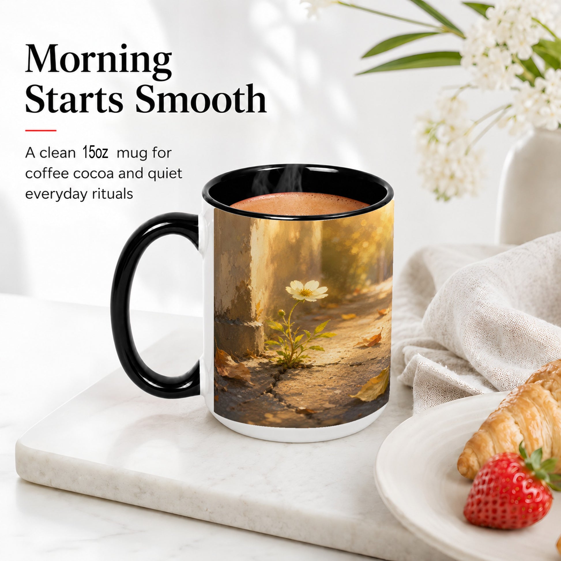 #pl[15oz|Black] Resilient White Flower Ceramic Mug, Hopeful Nature Art