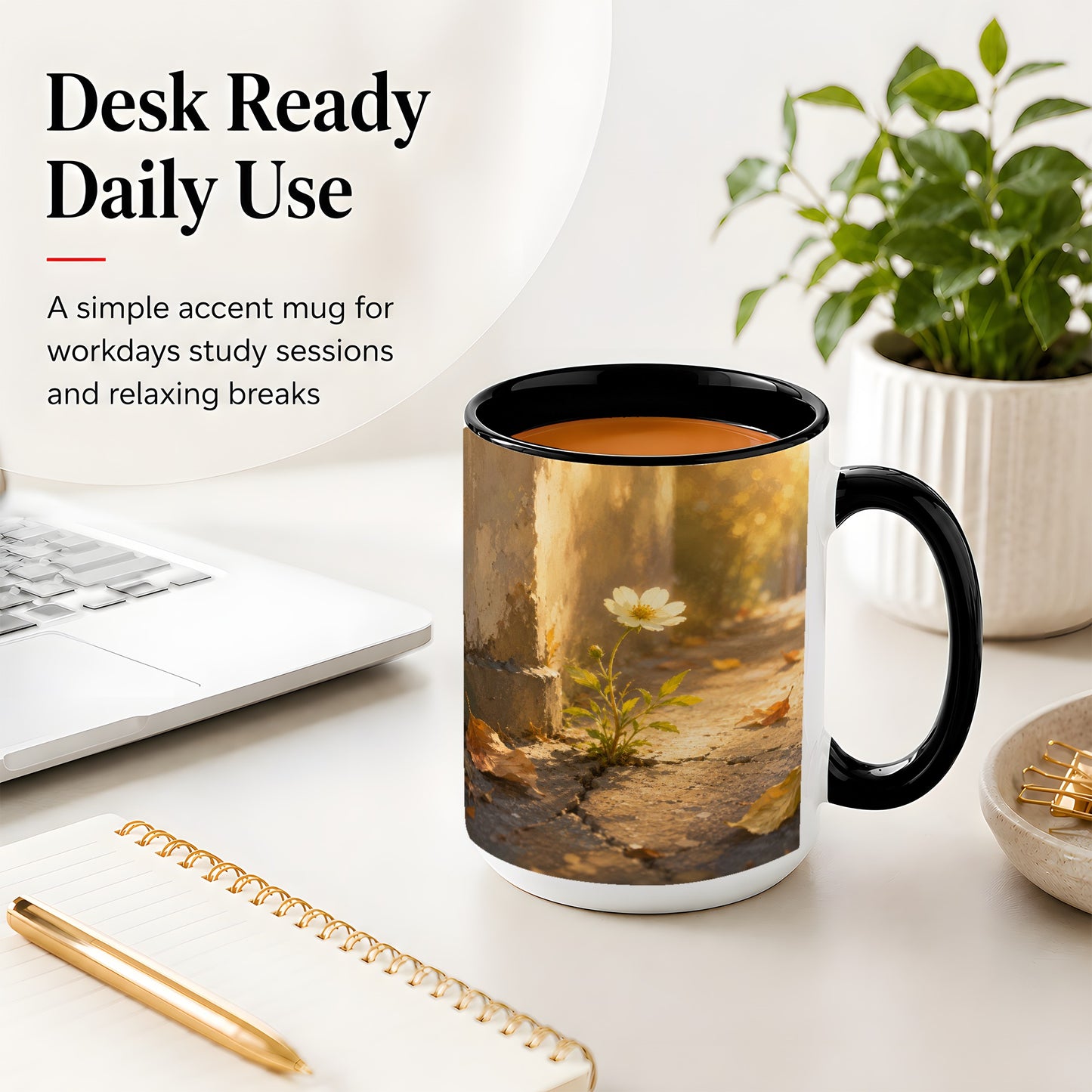 #pl[15oz|Black] Resilient White Flower Ceramic Mug, Hopeful Nature Art