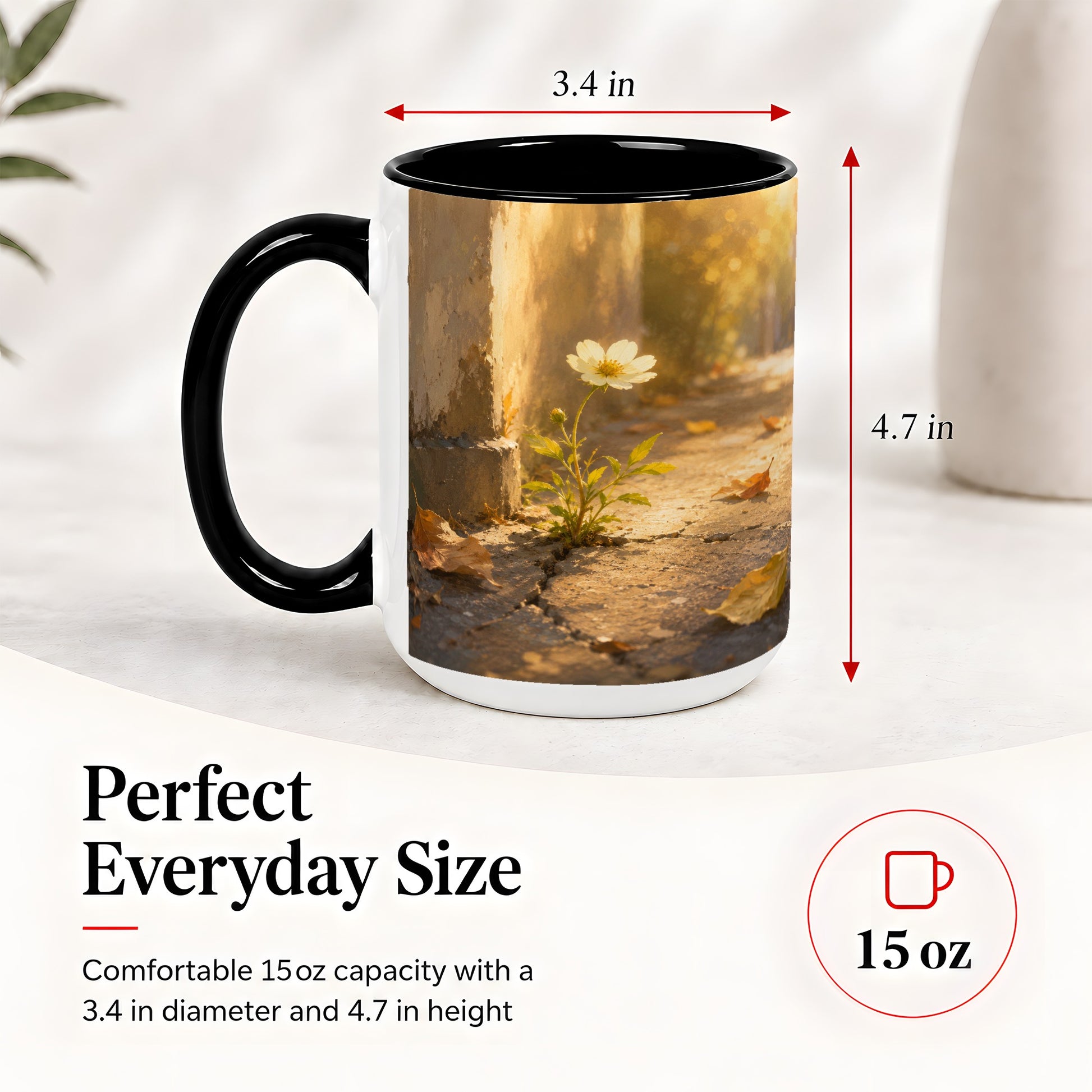 #pl[15oz|Black] Resilient White Flower Ceramic Mug, Hopeful Nature Art