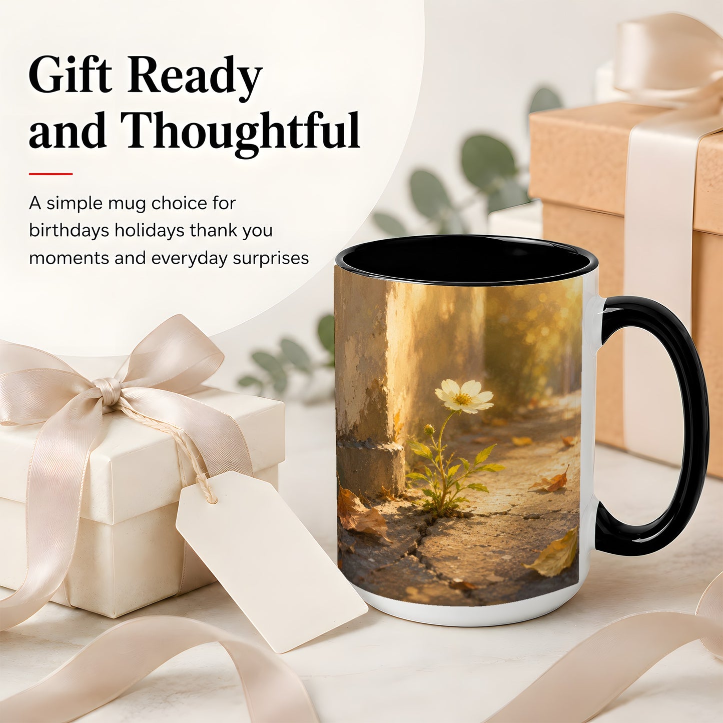 #pl[15oz|Black] Resilient White Flower Ceramic Mug, Hopeful Nature Art