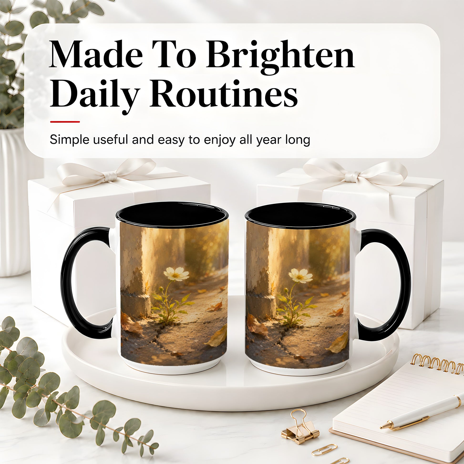 #pl[15oz|Black] Resilient White Flower Ceramic Mug, Hopeful Nature Art