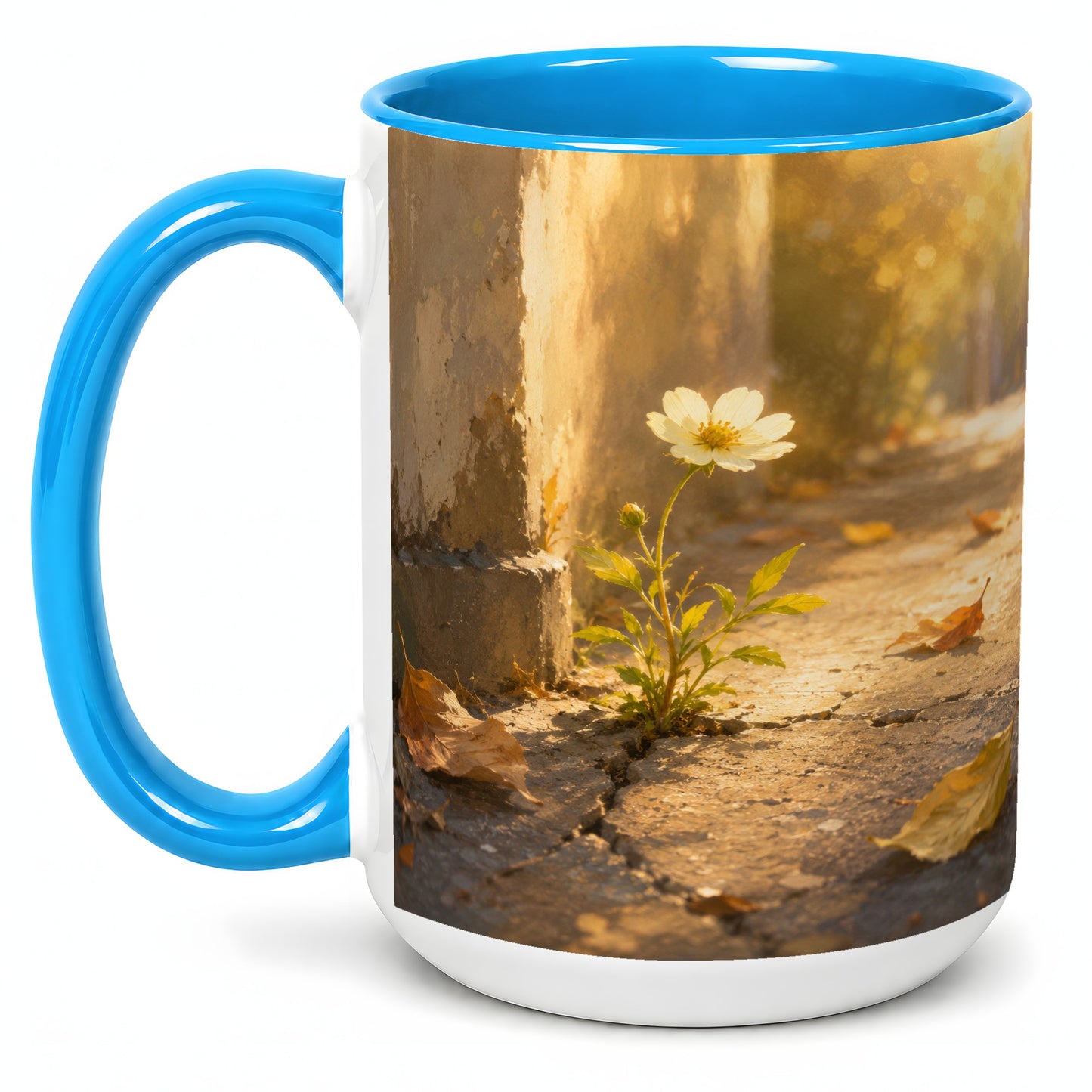 #pl[15oz|Blue] Resilient White Flower Ceramic Mug, Hopeful Nature Art