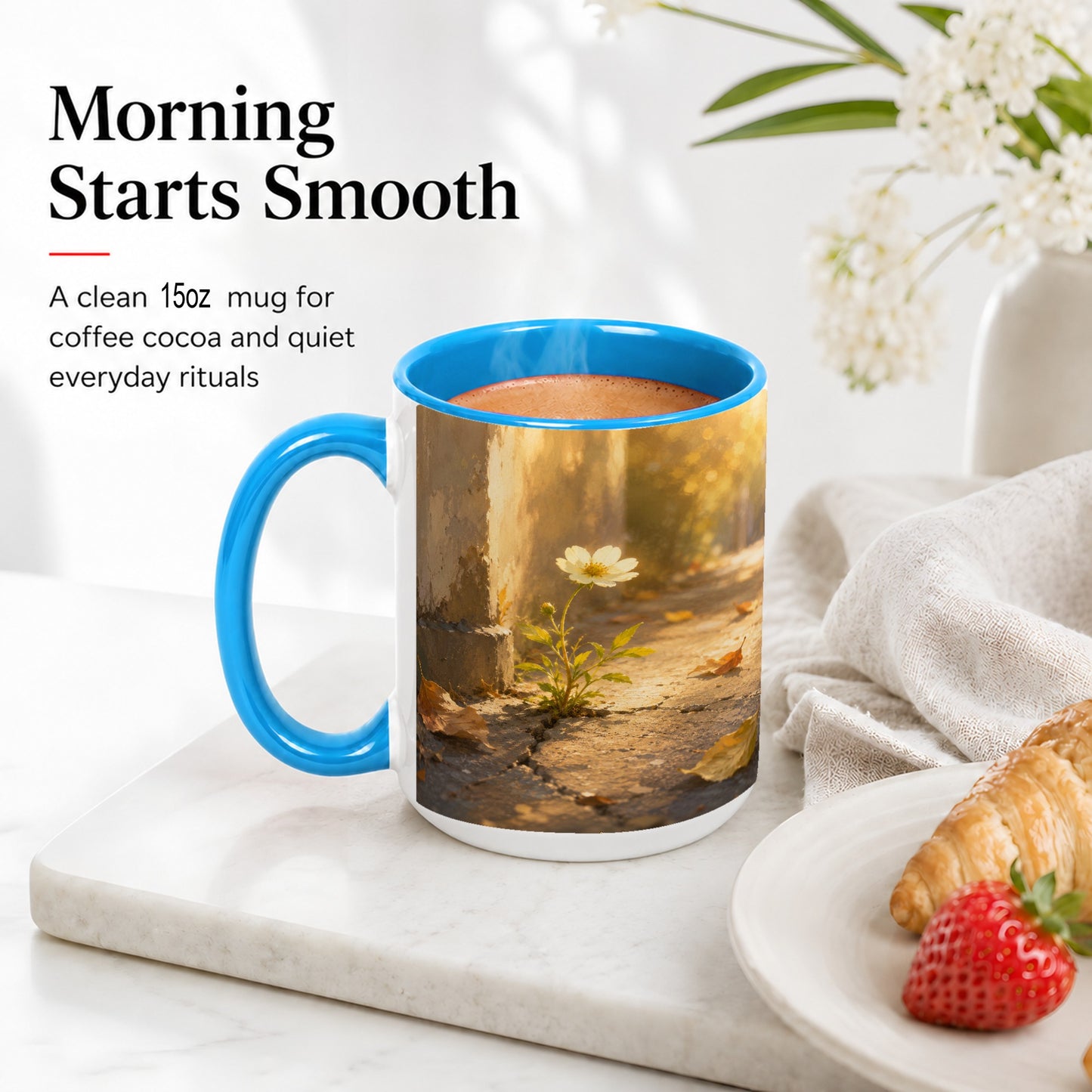 #pl[15oz|Blue] Resilient White Flower Ceramic Mug, Hopeful Nature Art