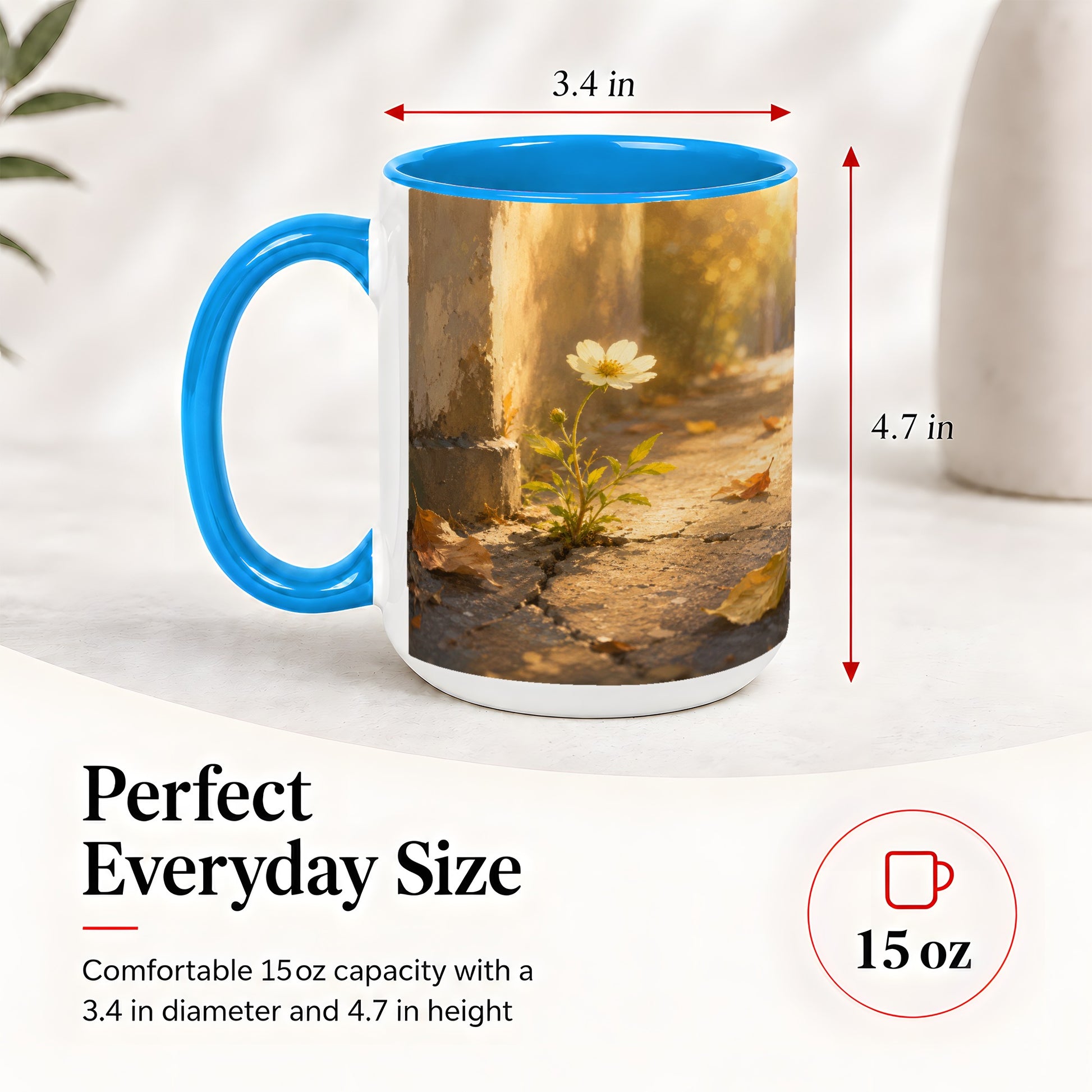#pl[15oz|Blue] Resilient White Flower Ceramic Mug, Hopeful Nature Art