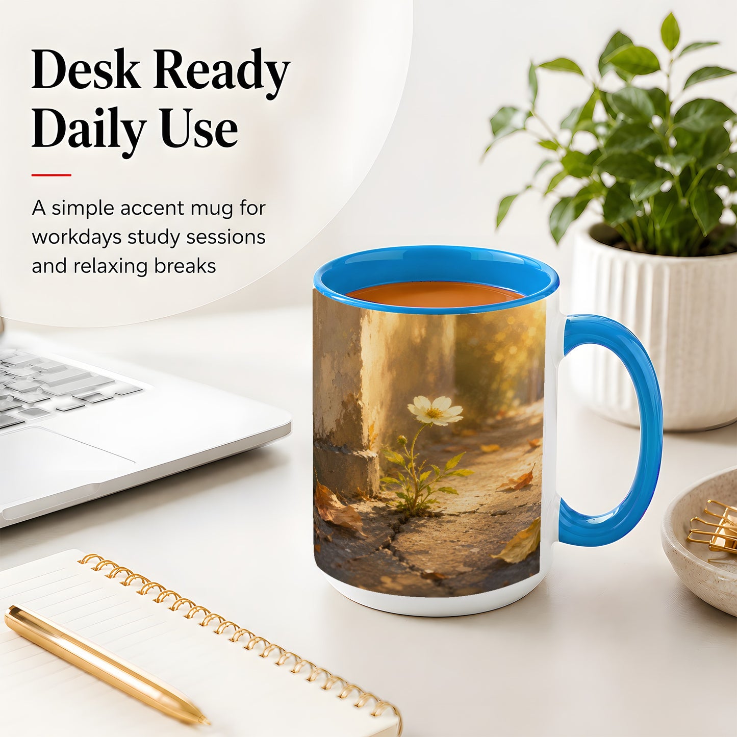 #pl[15oz|Blue] Resilient White Flower Ceramic Mug, Hopeful Nature Art