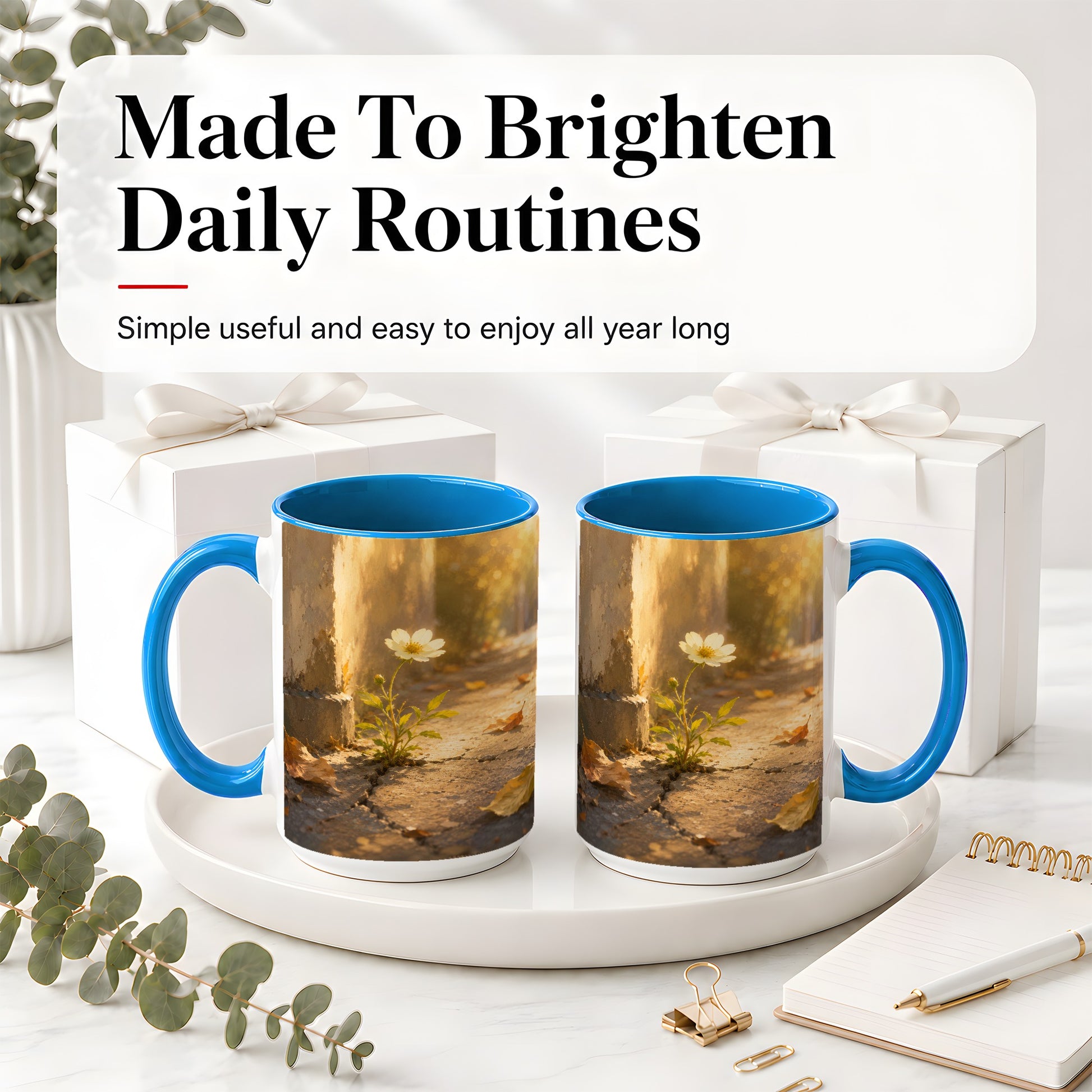 #pl[15oz|Blue] Resilient White Flower Ceramic Mug, Hopeful Nature Art