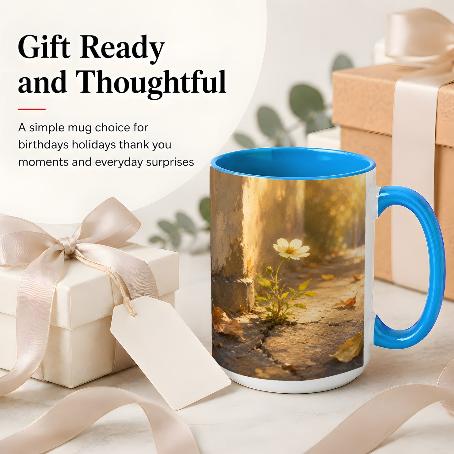 #pl[15oz|Blue] Resilient White Flower Ceramic Mug, Hopeful Nature Art