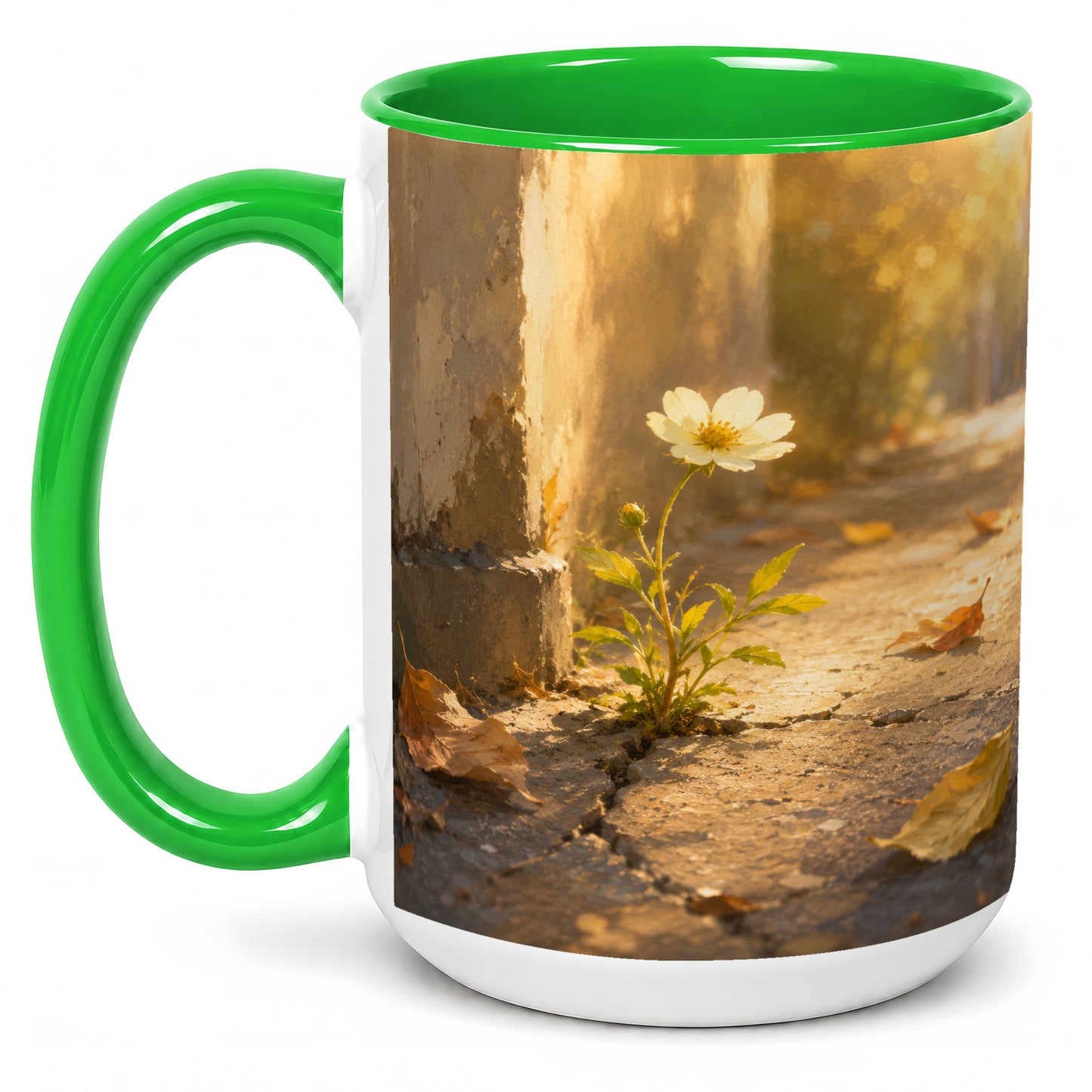 #pl[15oz|Green] Resilient White Flower Ceramic Mug, Hopeful Nature Art