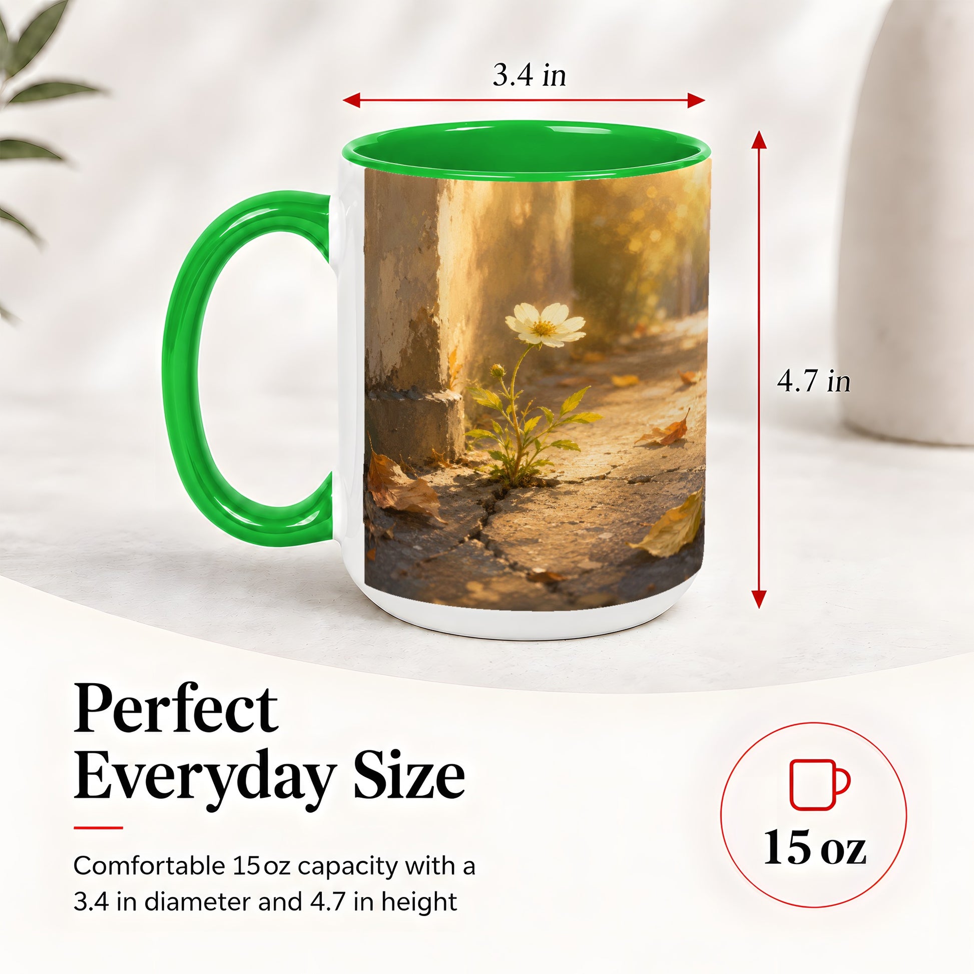 #pl[15oz|Green] Resilient White Flower Ceramic Mug, Hopeful Nature Art