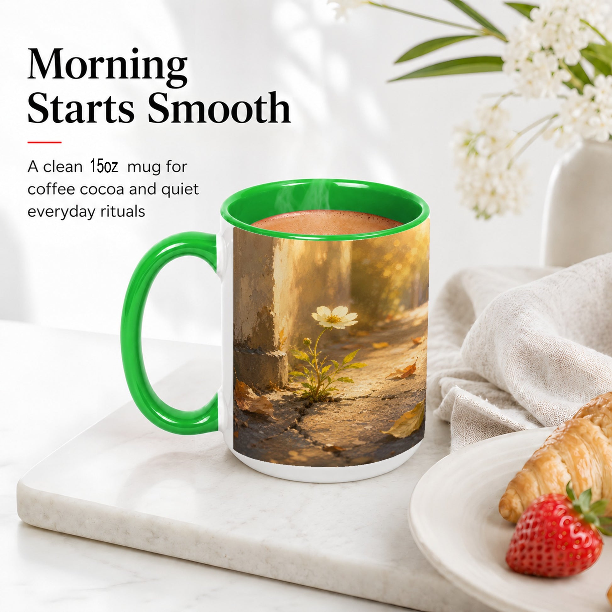 #pl[15oz|Green] Resilient White Flower Ceramic Mug, Hopeful Nature Art
