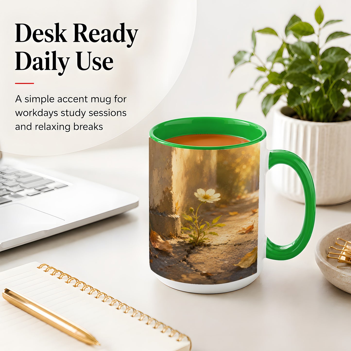 #pl[15oz|Green] Resilient White Flower Ceramic Mug, Hopeful Nature Art