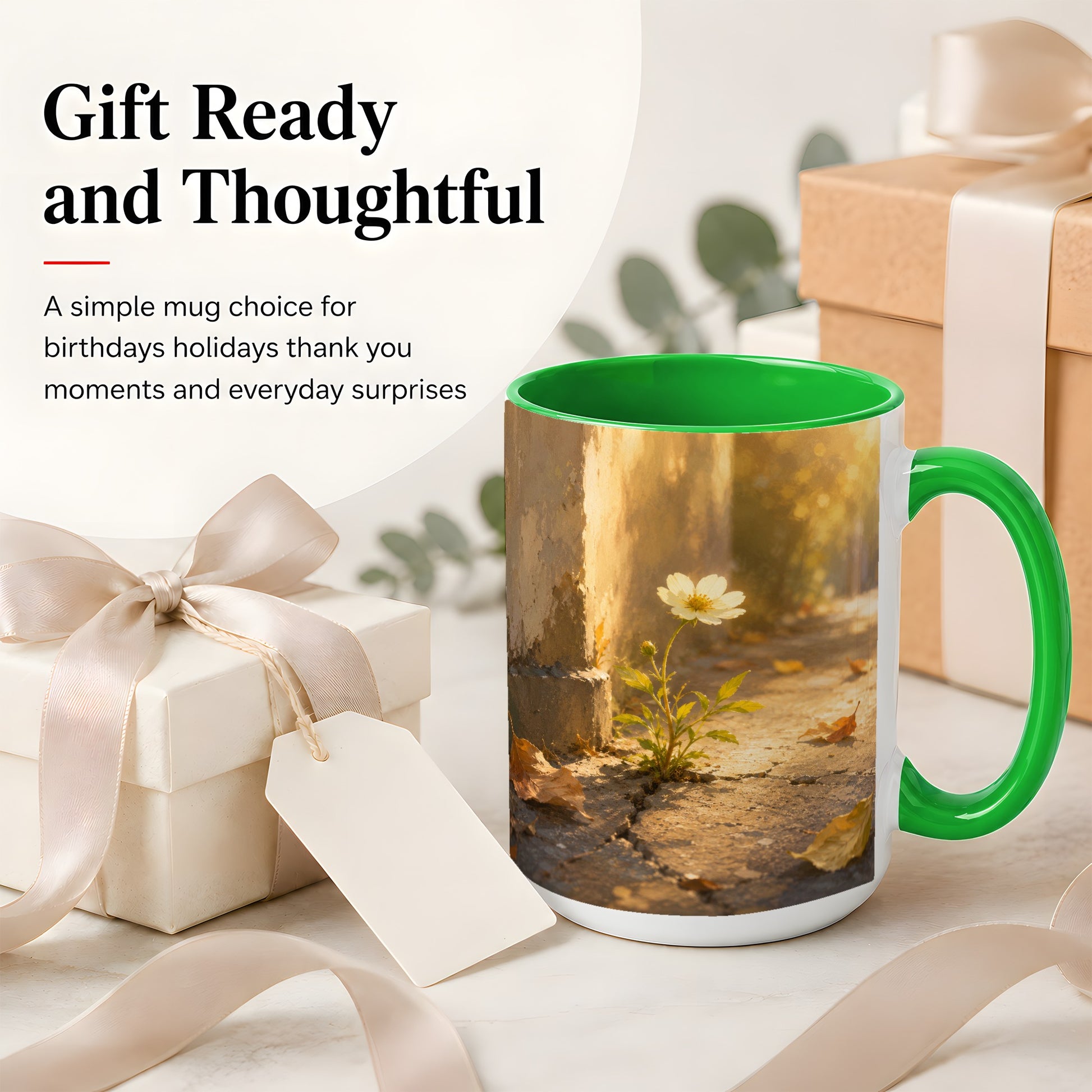 #pl[15oz|Green] Resilient White Flower Ceramic Mug, Hopeful Nature Art