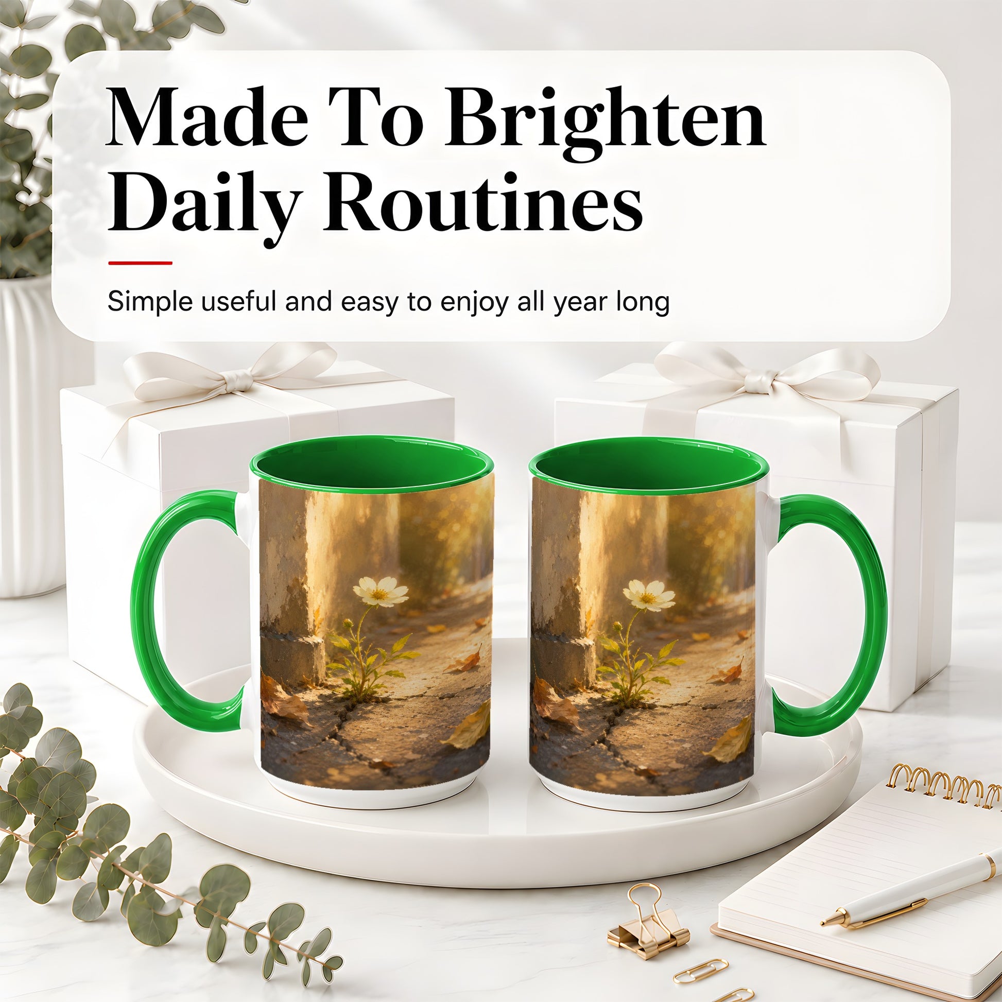 #pl[15oz|Green] Resilient White Flower Ceramic Mug, Hopeful Nature Art