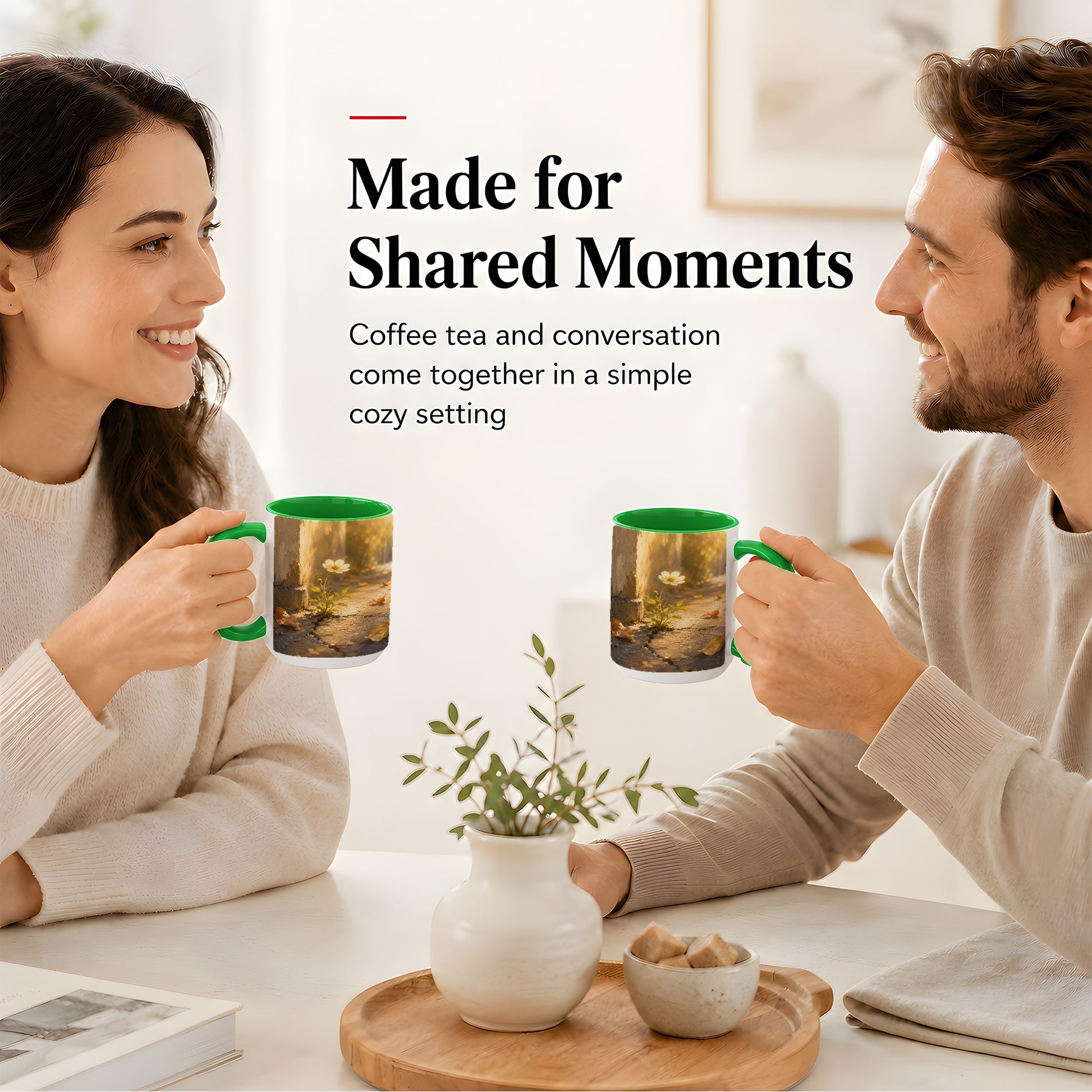 #pl[15oz|Green] Resilient White Flower Ceramic Mug, Hopeful Nature Art