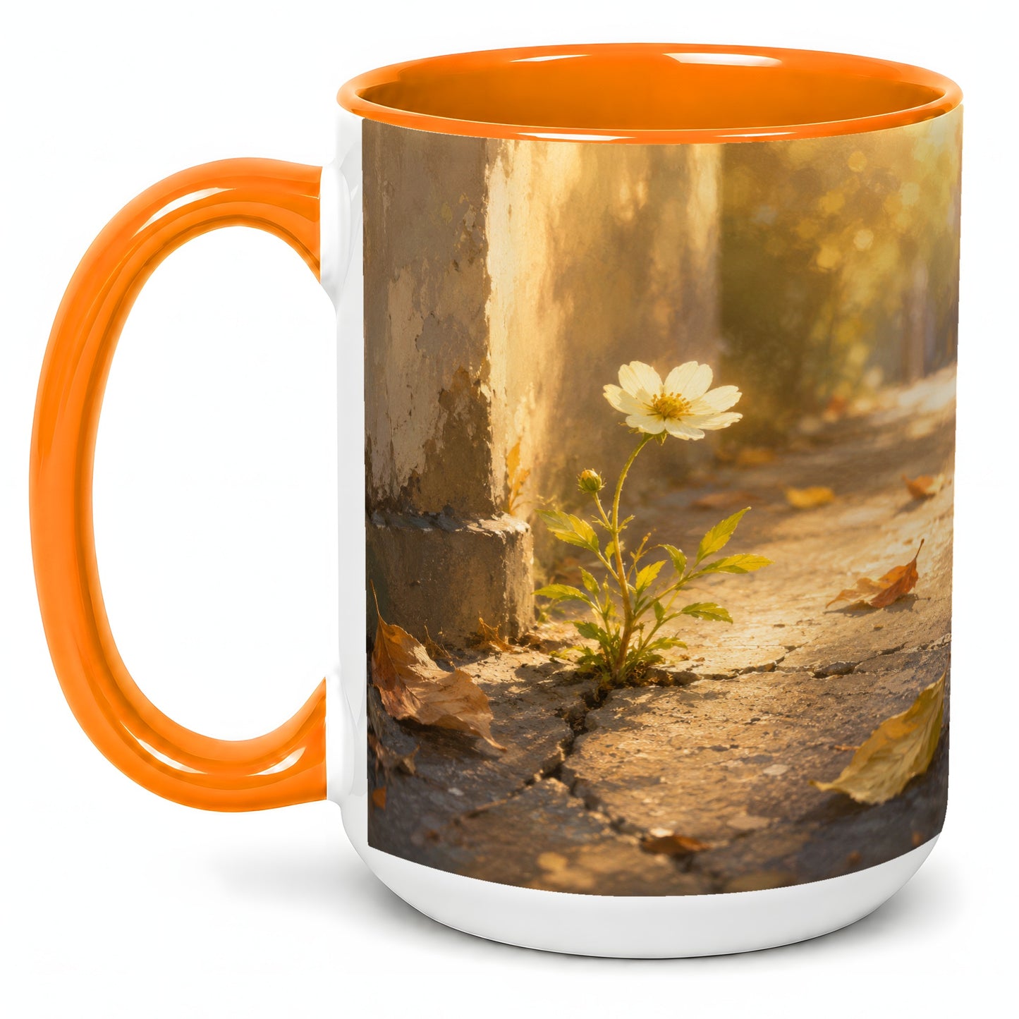 #pl[15oz|Orange] Resilient White Flower Ceramic Mug, Hopeful Nature Art