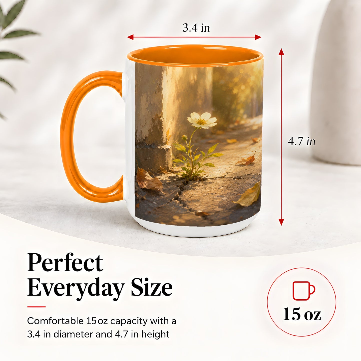 #pl[15oz|Orange] Resilient White Flower Ceramic Mug, Hopeful Nature Art