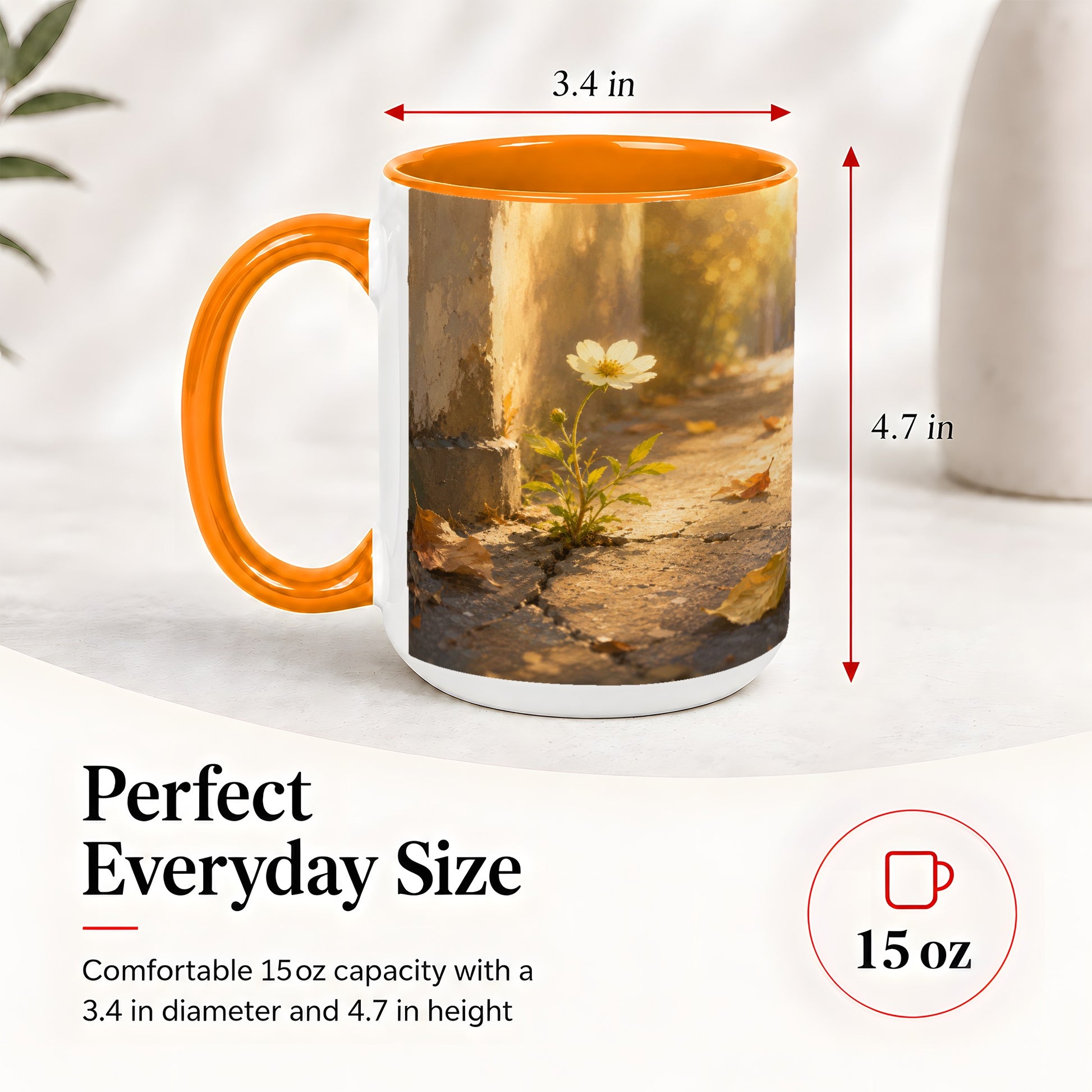 #pl[15oz|Orange] Resilient White Flower Ceramic Mug, Hopeful Nature Art