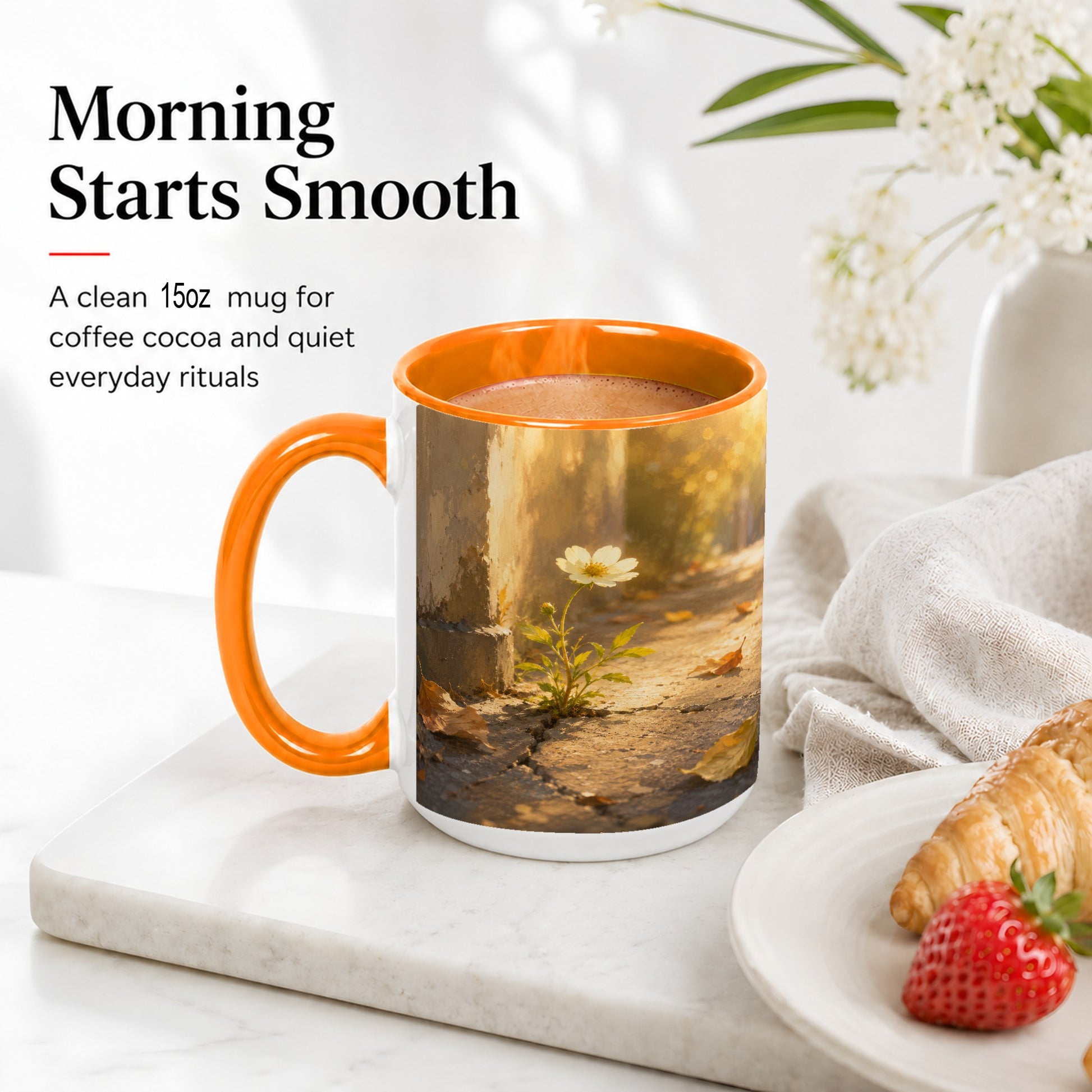 #pl[15oz|Orange] Resilient White Flower Ceramic Mug, Hopeful Nature Art