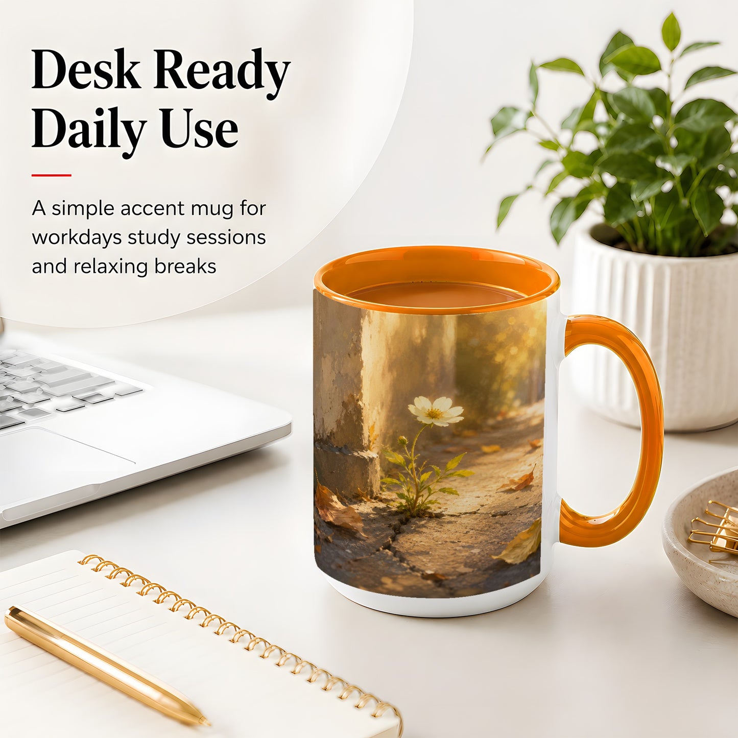 #pl[15oz|Orange] Resilient White Flower Ceramic Mug, Hopeful Nature Art