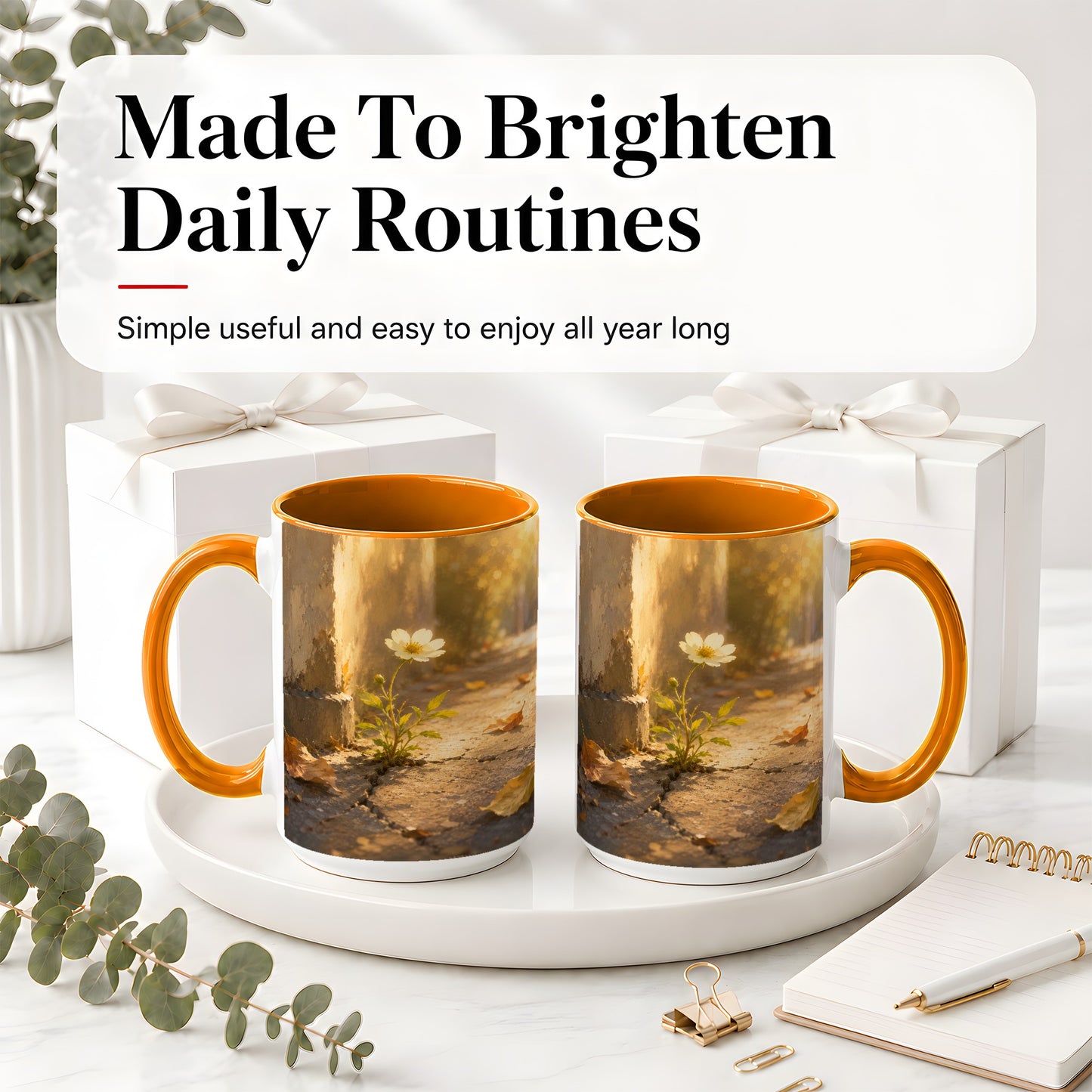 #pl[15oz|Orange] Resilient White Flower Ceramic Mug, Hopeful Nature Art
