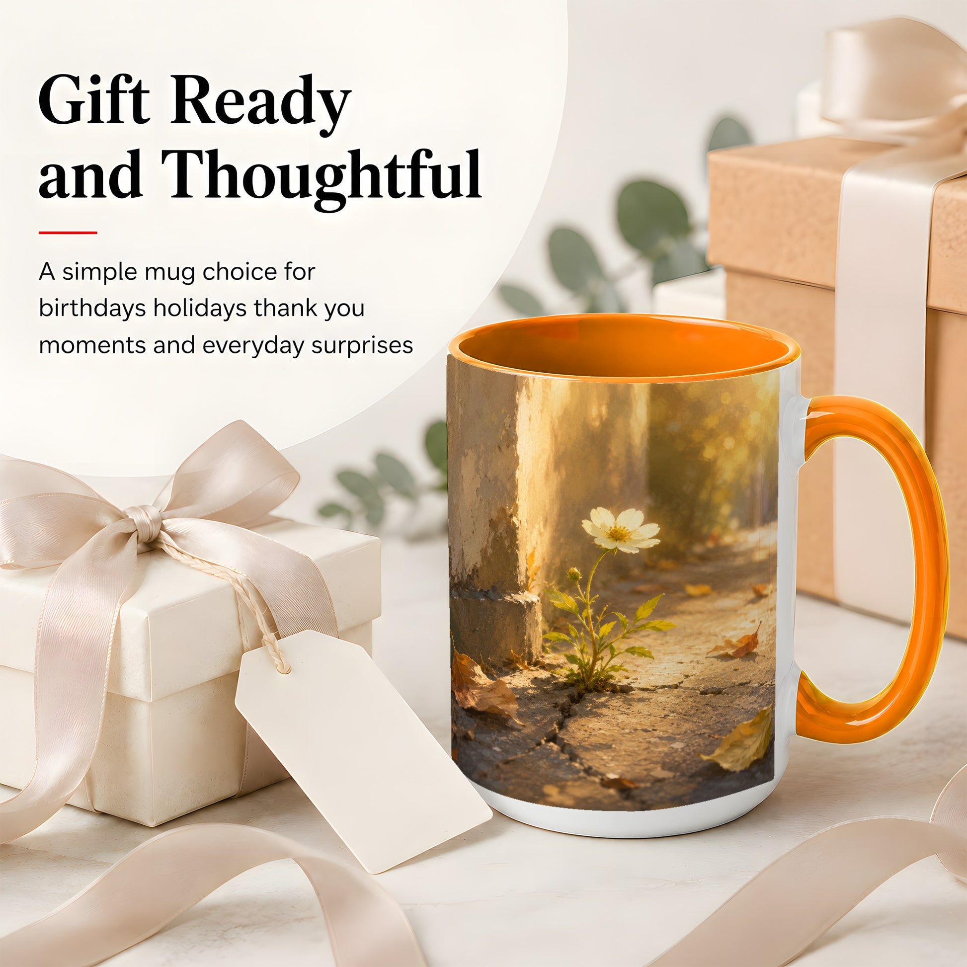 #pl[15oz|Orange] Resilient White Flower Ceramic Mug, Hopeful Nature Art