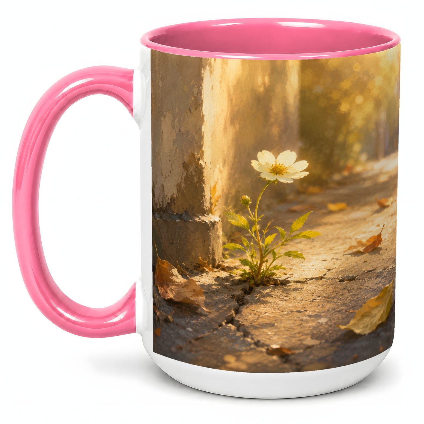 #pl[15oz|Pink] Resilient White Flower Ceramic Mug, Hopeful Nature Art