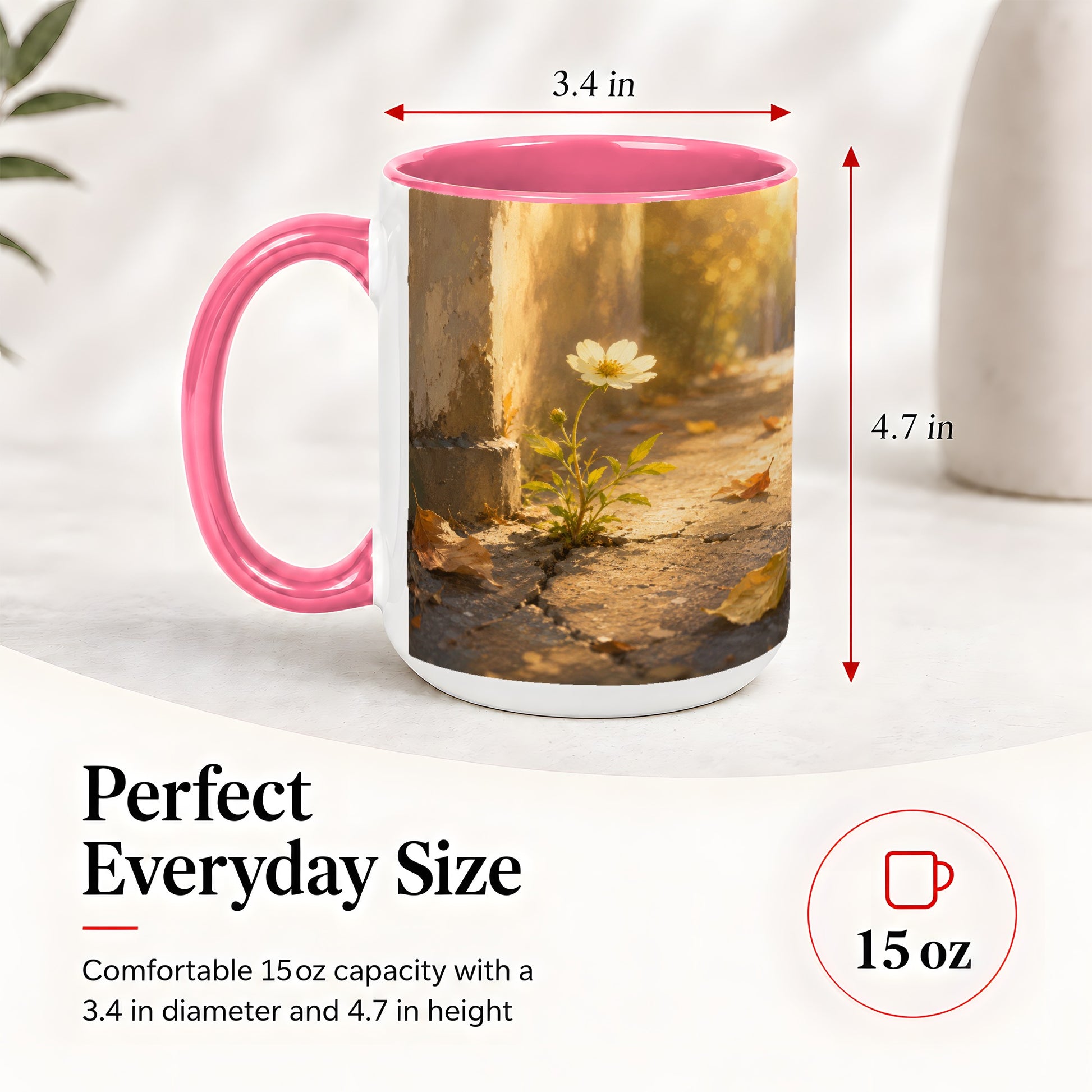 #pl[15oz|Pink] Resilient White Flower Ceramic Mug, Hopeful Nature Art