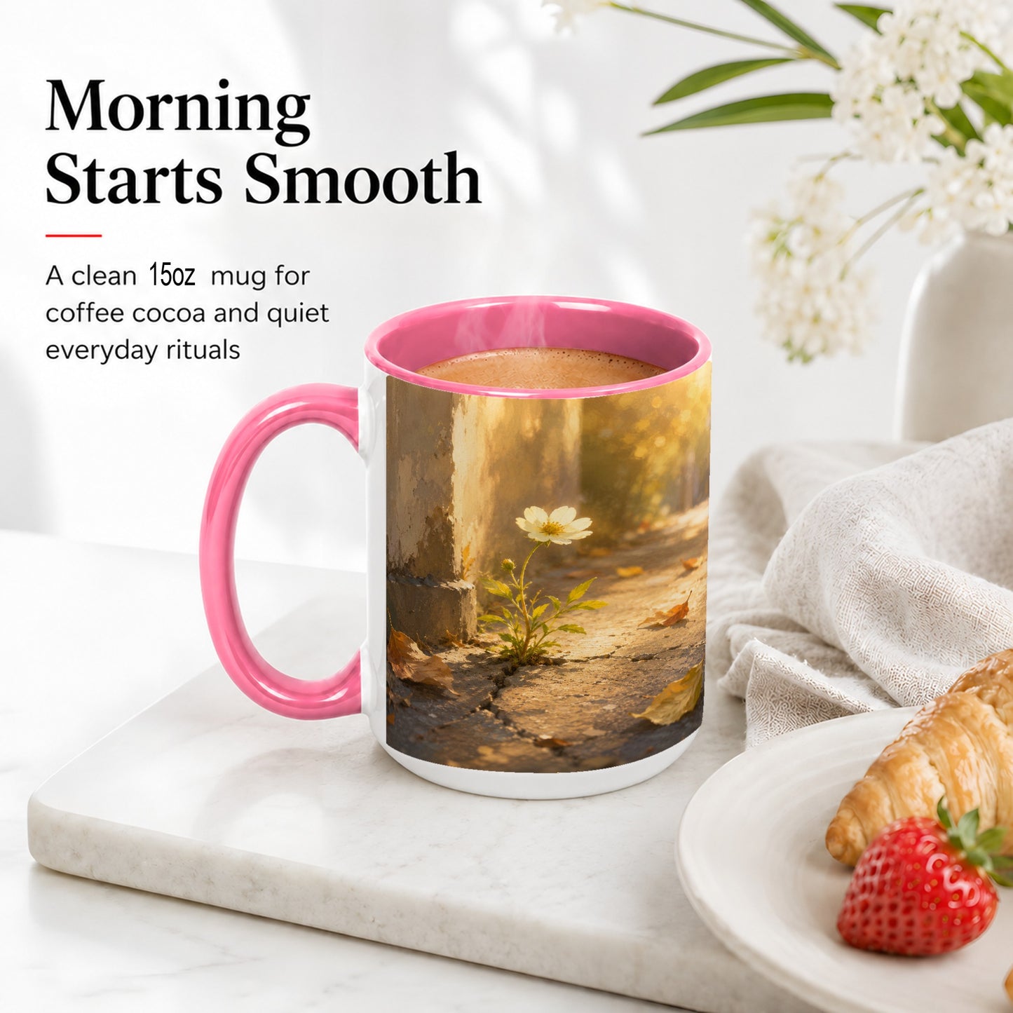 #pl[15oz|Pink] Resilient White Flower Ceramic Mug, Hopeful Nature Art