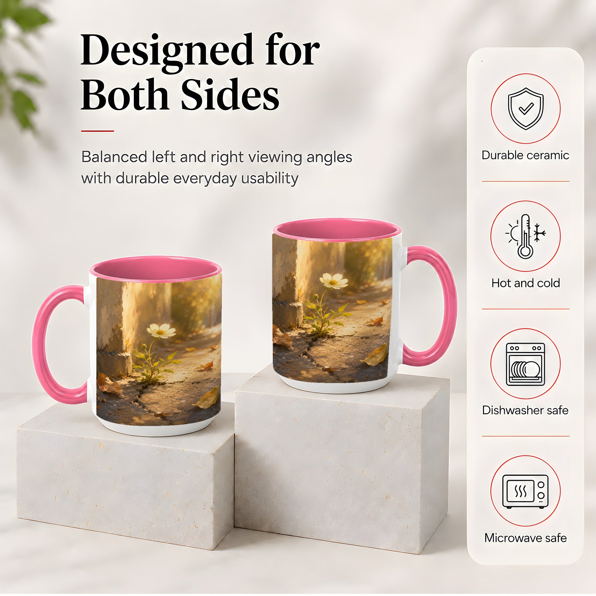 #pl[15oz|Pink] Resilient White Flower Ceramic Mug, Hopeful Nature Art