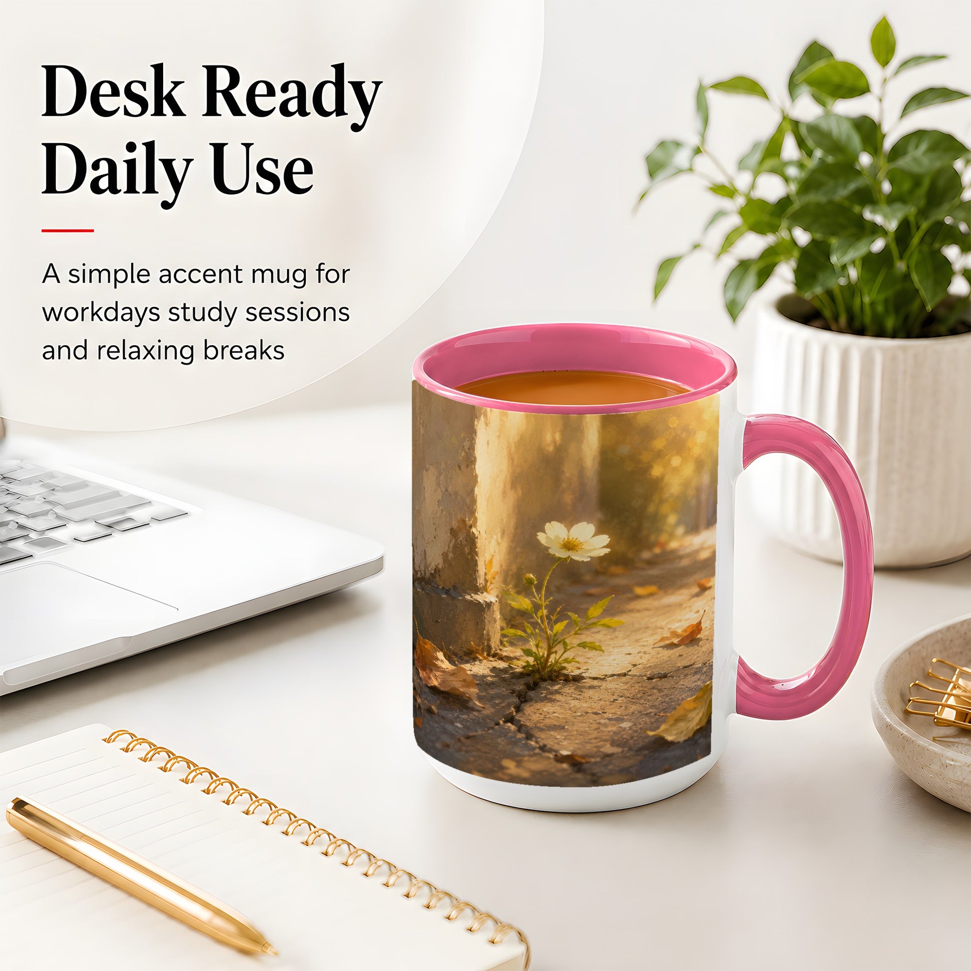 #pl[15oz|Pink] Resilient White Flower Ceramic Mug, Hopeful Nature Art